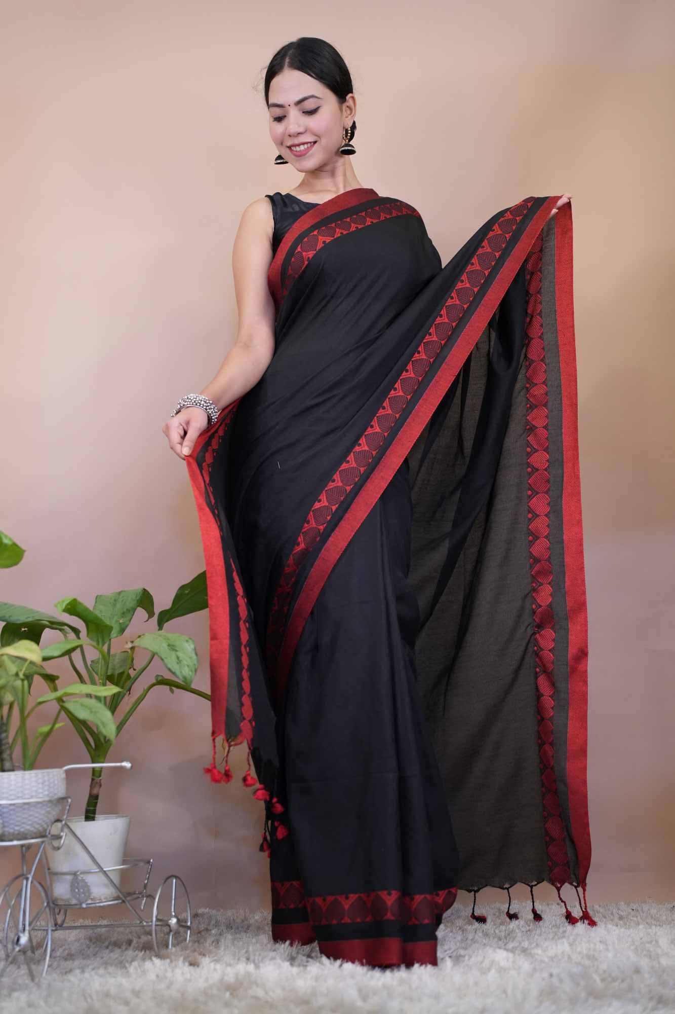 Black Handloom Soft Cotton with Beautiful Red Heart Naksha weave Ready to wear saree