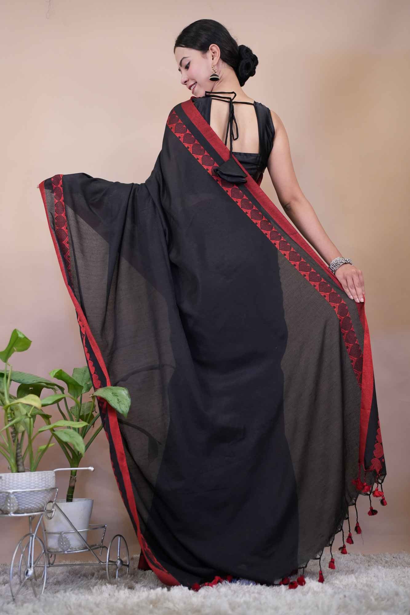 Black Handloom Soft Cotton with Beautiful Red Heart Naksha weave Ready to wear saree