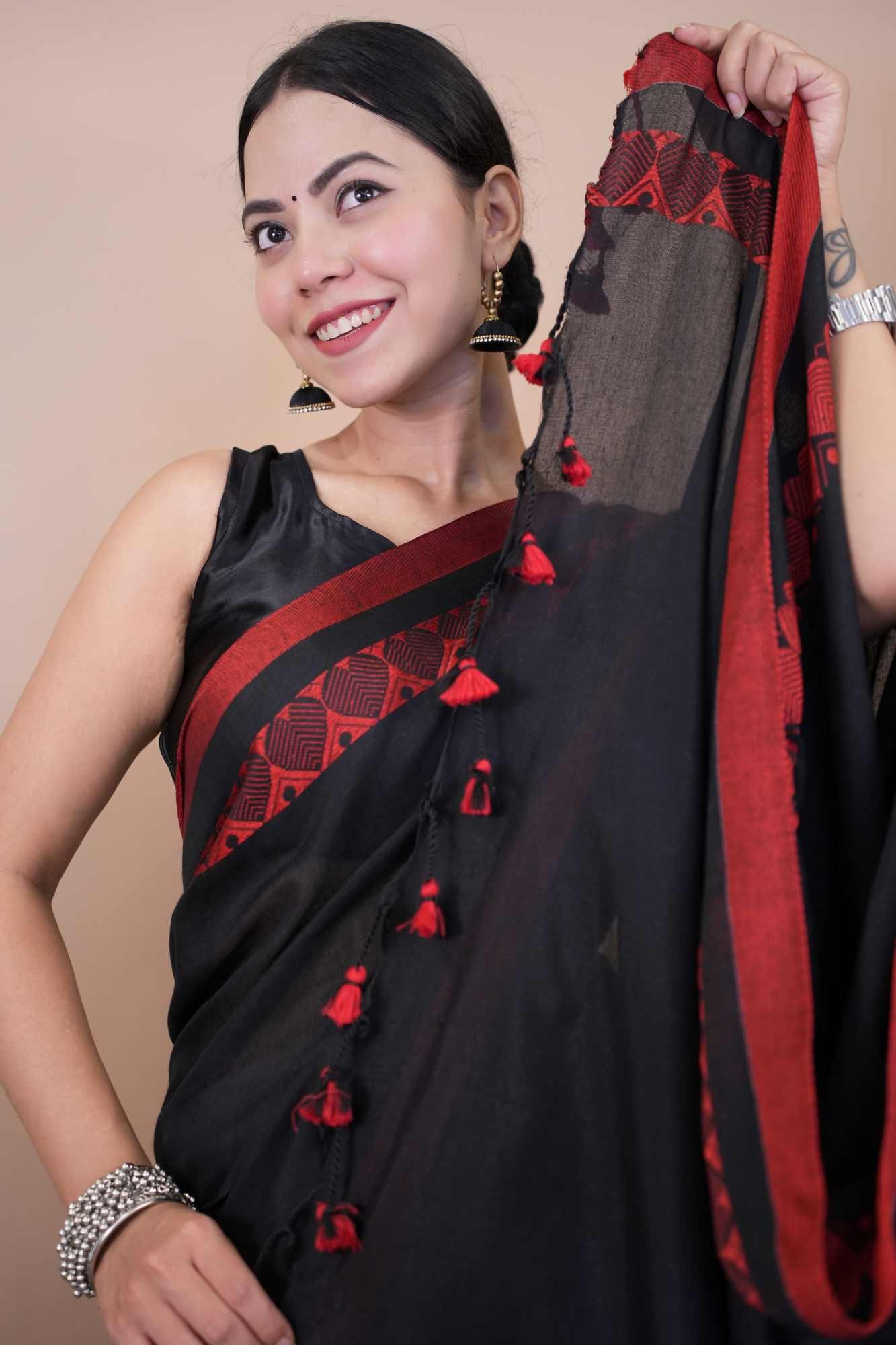 Black Handloom Soft Cotton with Beautiful Red Heart Naksha weave Ready to wear saree