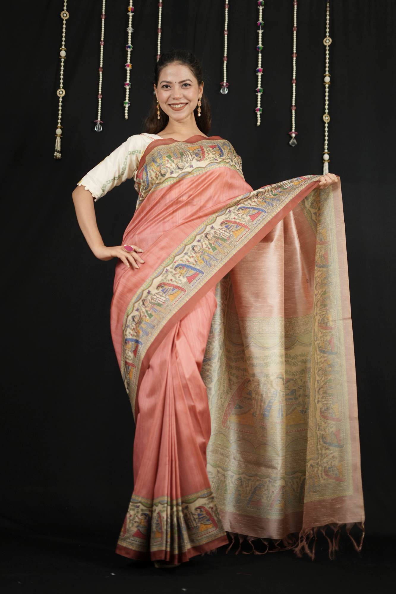 Ready to Wear Pink Semi Ghicha Tussar Silk Saree with Madhubani Print