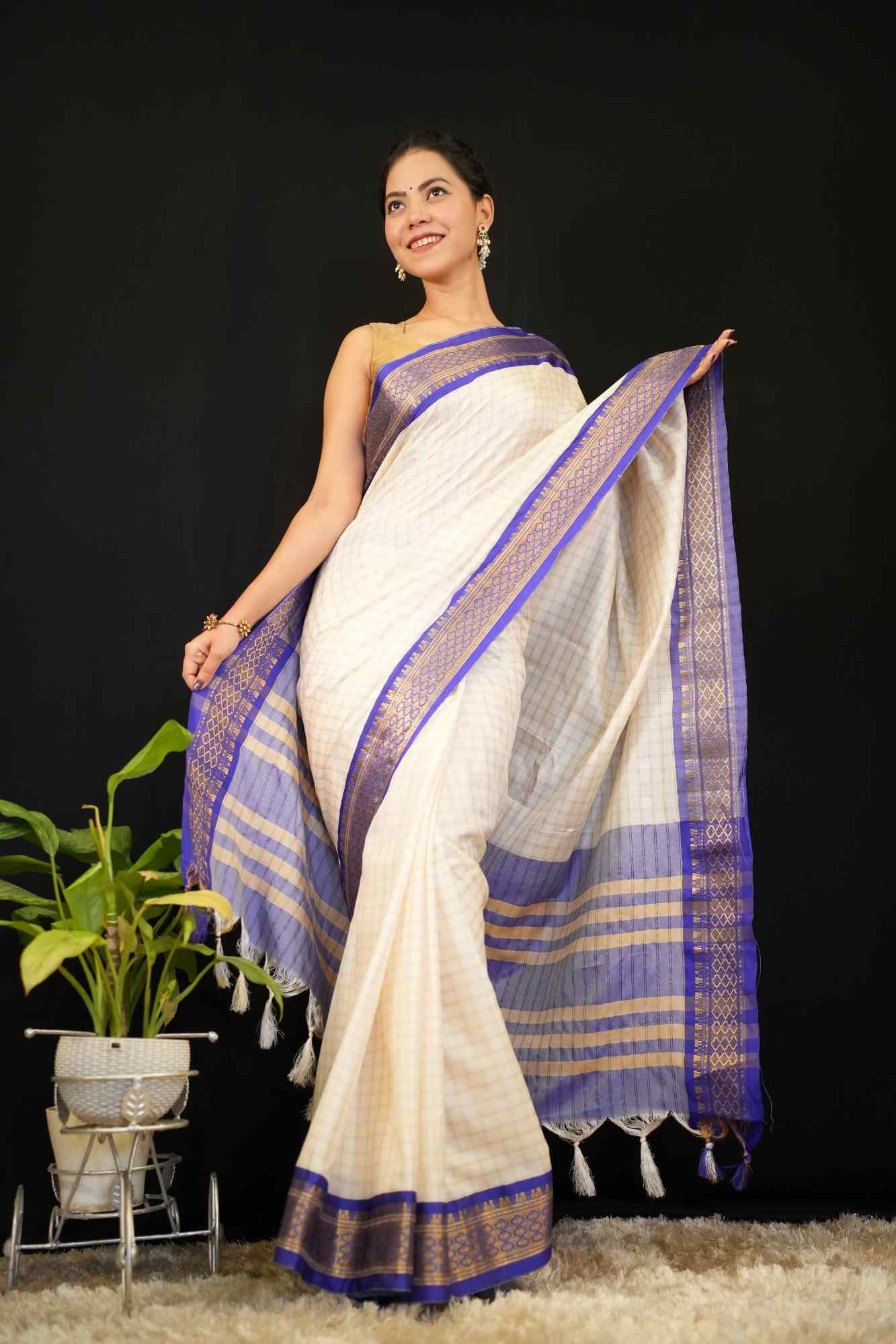 Purple Border Silk Gadwal All Over Check, Zari Work Pallu  Wrap In 1 Minute Saree