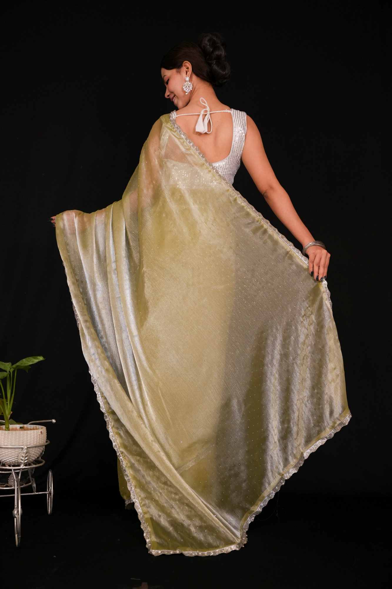 Pista Jimmy choo silk with silver lace border and sequin embellishments all over Predraped Ready to Wear Saree