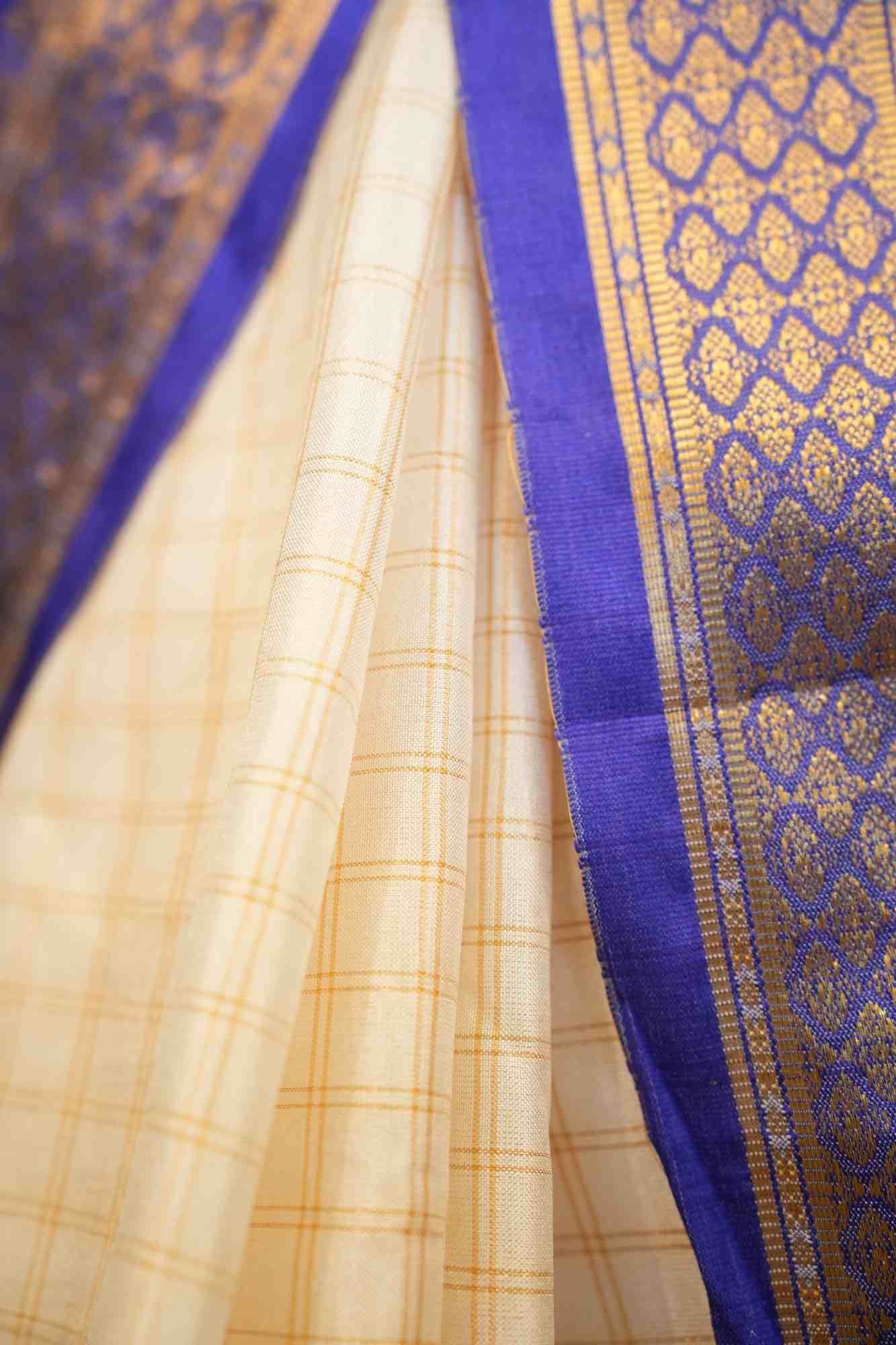 Purple Border Silk Gadwal All Over Check, Zari Work Pallu  Wrap In 1 Minute Saree