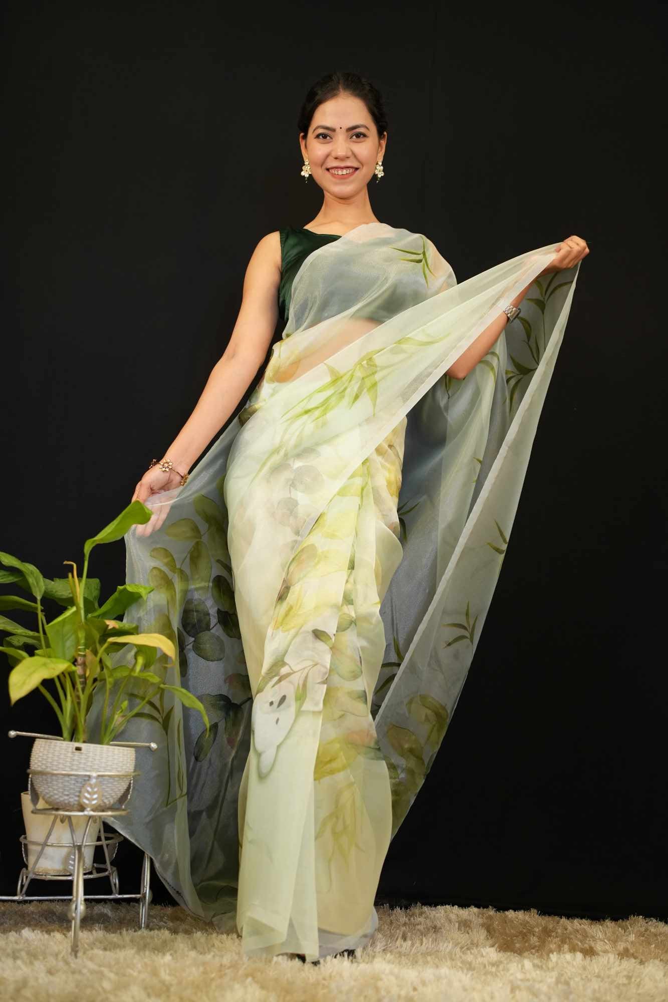 Beautiful Artistic & Panda  Printed With green organza  Ready To Wear Saree