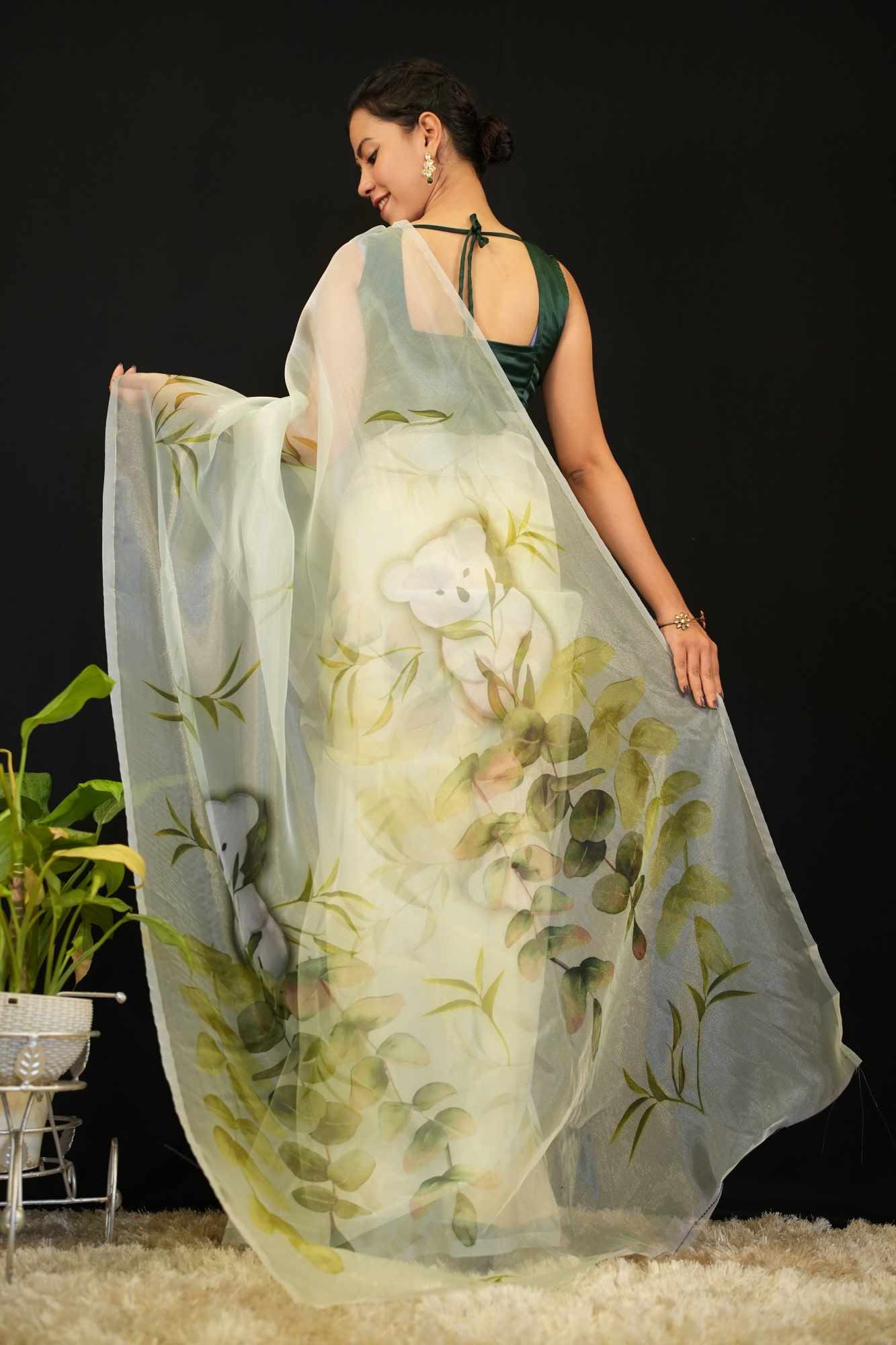 Beautiful Artistic & Panda  Printed With green organza  Ready To Wear Saree