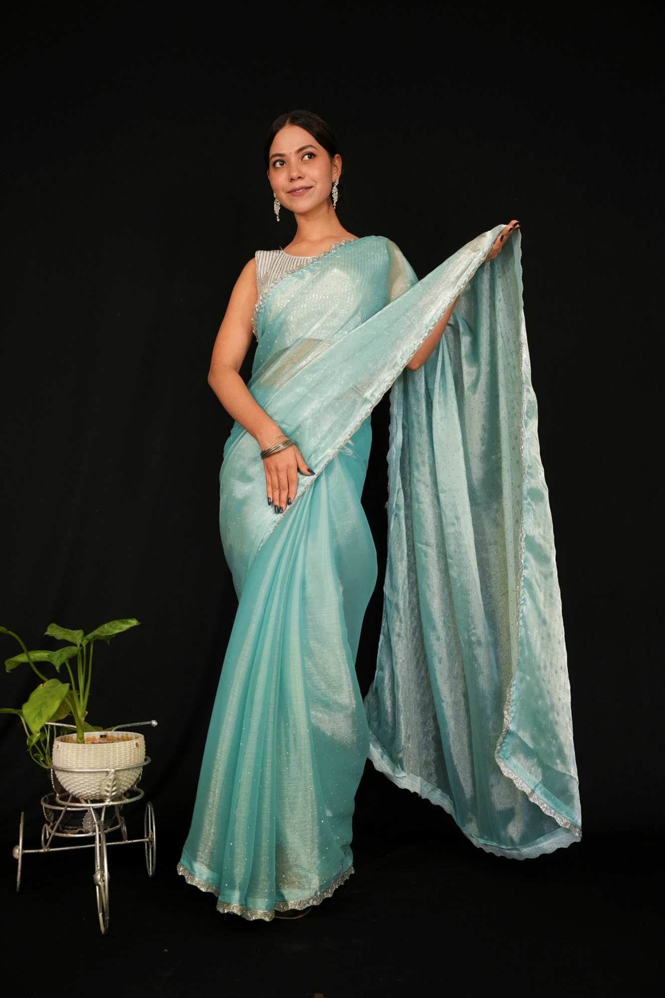 Jimmy choo silk with silver lace border and sequin embellished all over Predraped Ready to Wear Saree