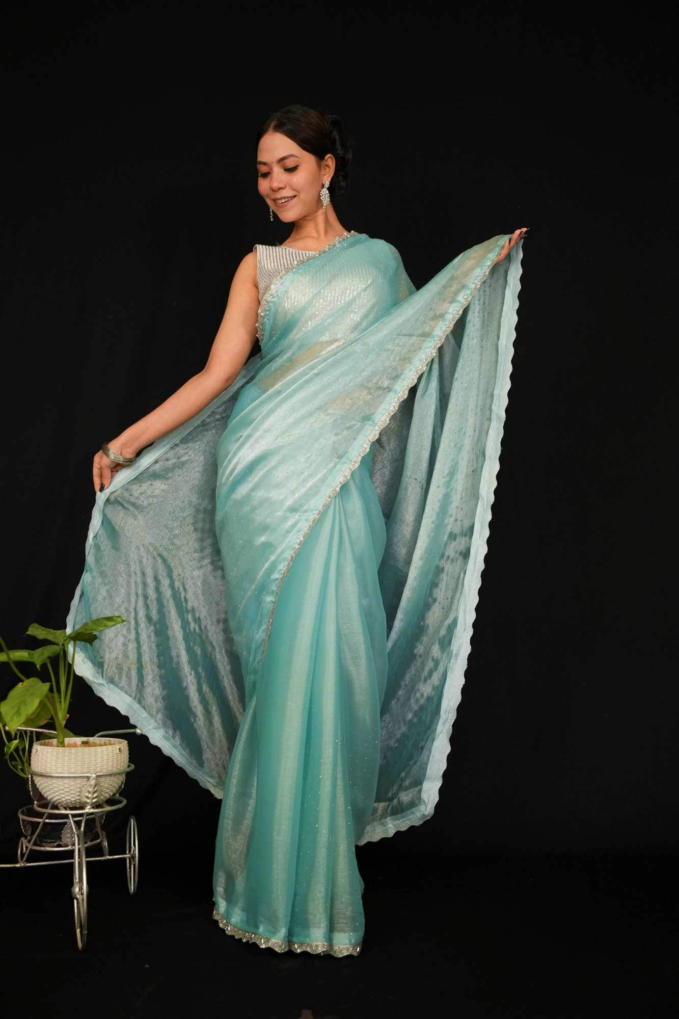 Jimmy choo silk with silver lace border and sequin embellished all over Predraped Ready to Wear Saree