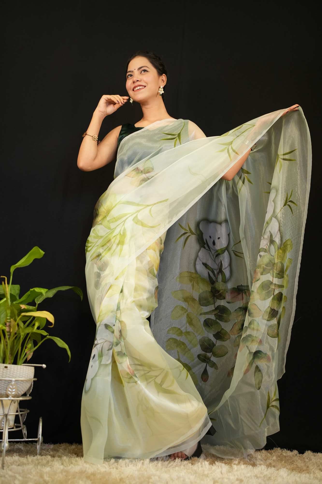 Beautiful Artistic & Panda  Printed With green organza  Ready To Wear Saree