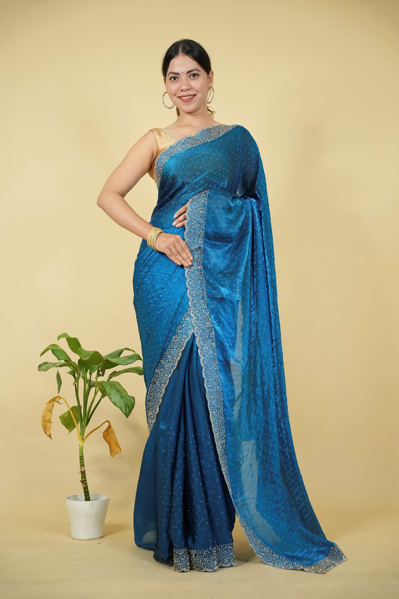 Satin Silk with Dazzling Zarkhan Diamond Work Ready To Wear Saree