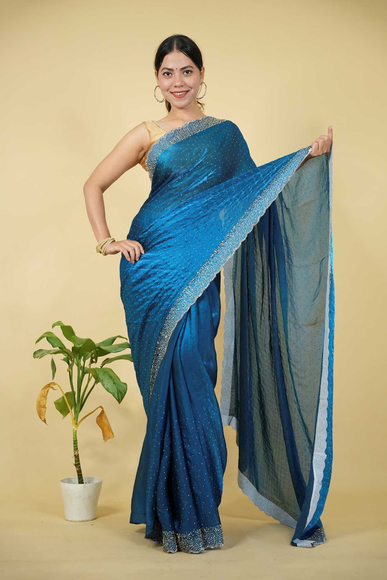 Satin Silk with Dazzling Zarkhan Diamond Work Ready To Wear Saree