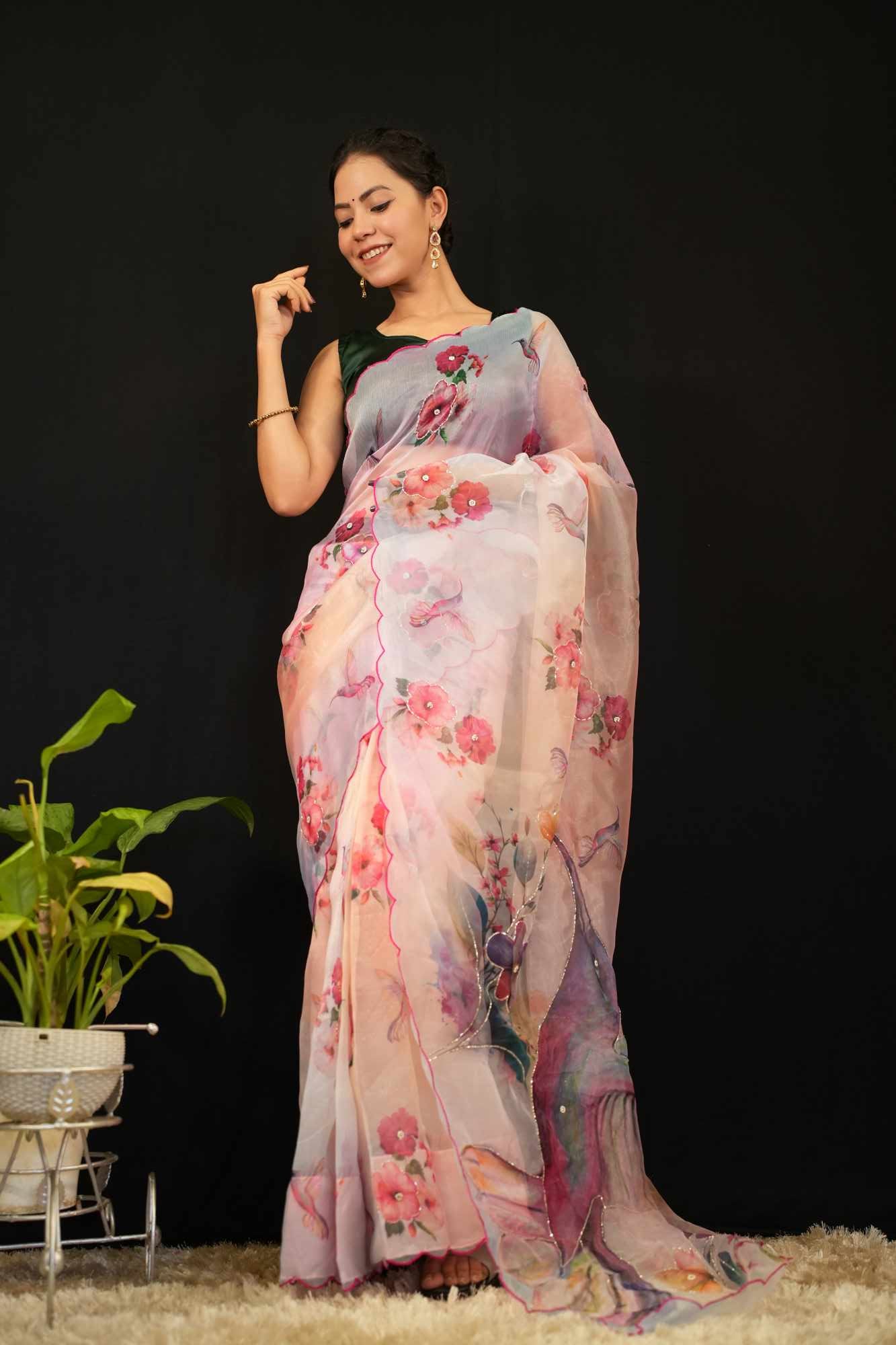 Beautiful Artistic &  Pink Bird Printed With Scalloped Border And Sequin Embellished Ready To Wear Saree