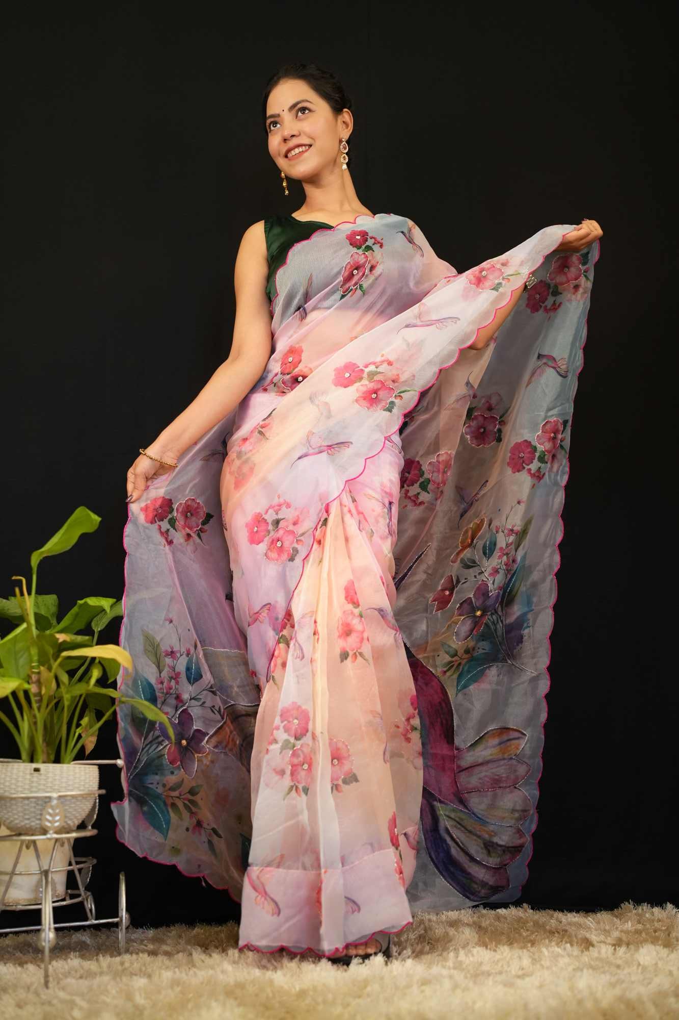 Beautiful Artistic &  Pink Bird Printed With Scalloped Border And Sequin Embellished Ready To Wear Saree