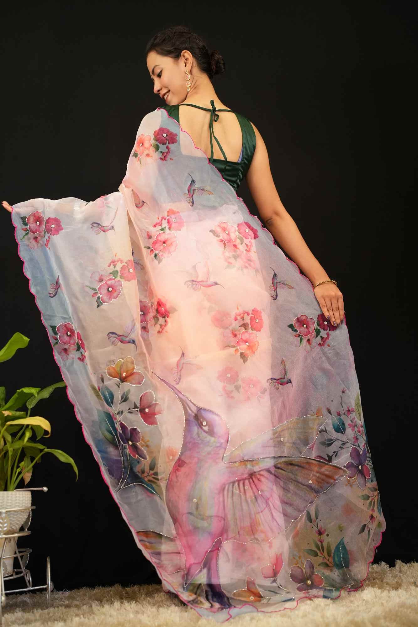 Beautiful Artistic &  Pink Bird Printed With Scalloped Border And Sequin Embellished Ready To Wear Saree