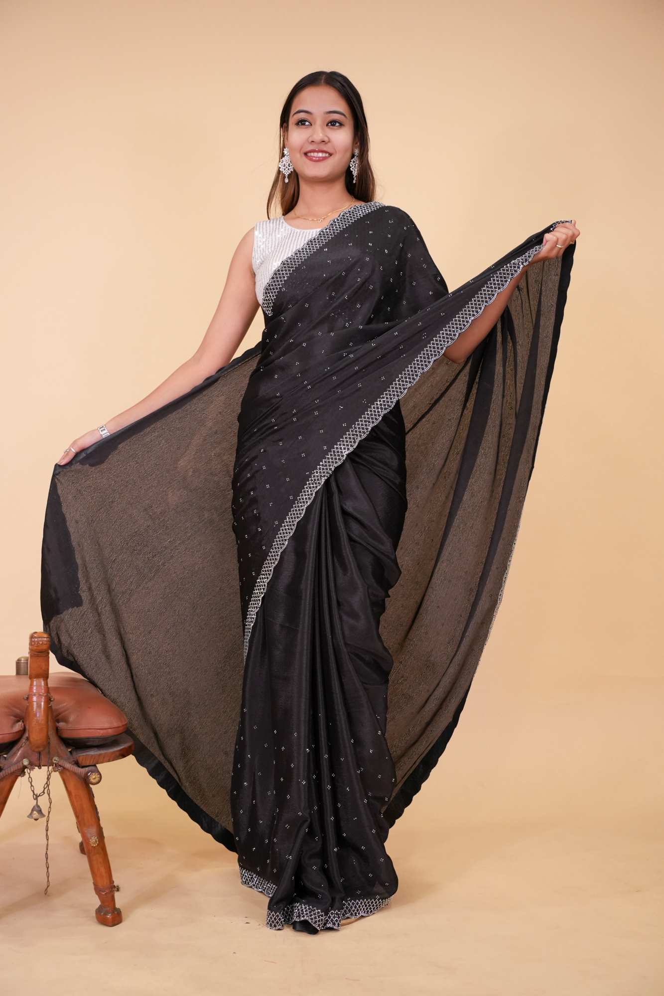 Luxurious self-design soft silk embellished with Swarovski Crystal Party Wear Pre-Draped Saree