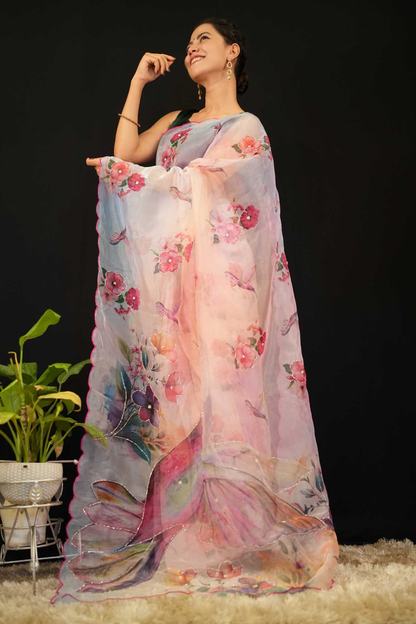 Beautiful Artistic &  Pink Bird Printed With Scalloped Border And Sequin Embellished Ready To Wear Saree