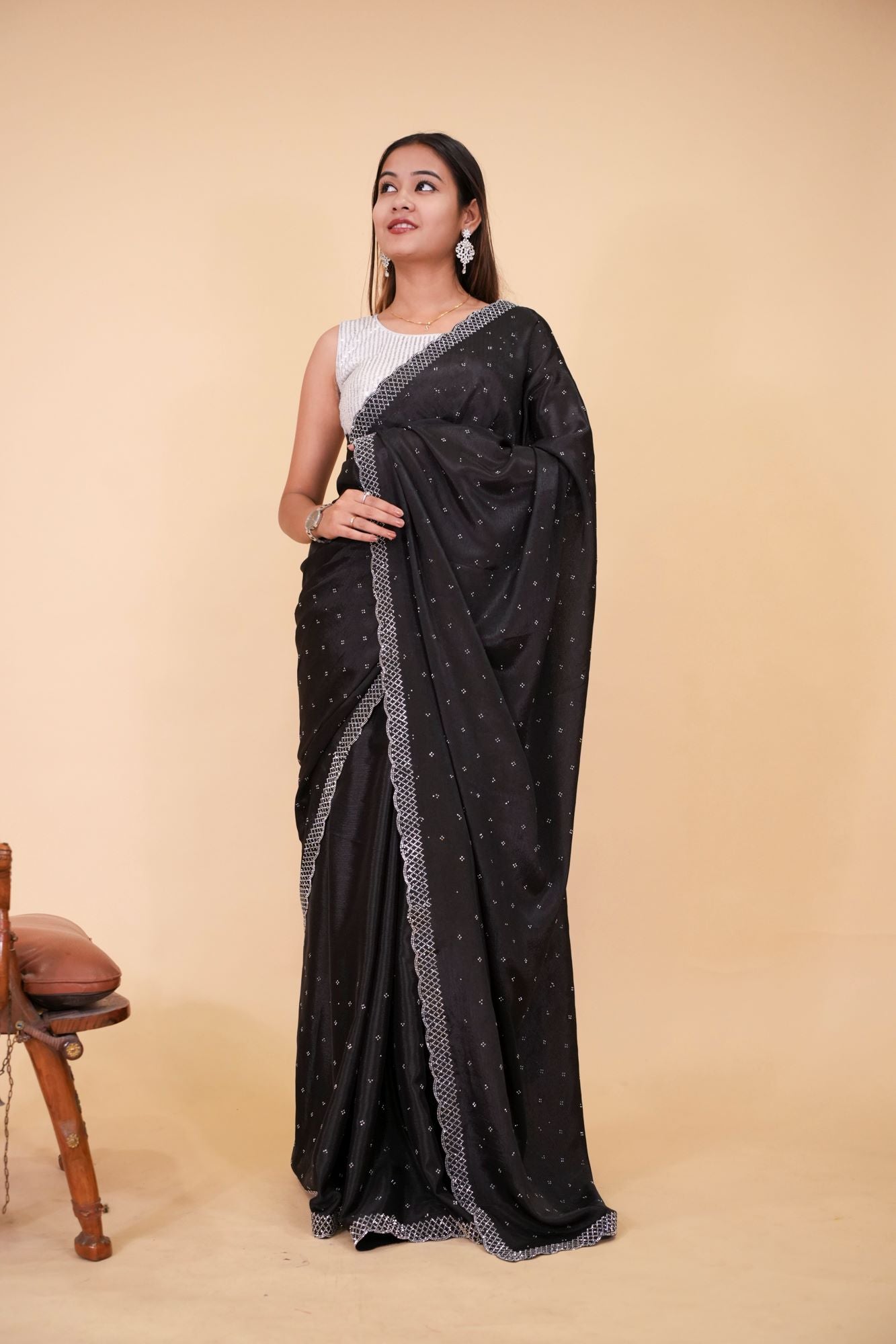 Luxurious self-design soft silk embellished with Swarovski Crystal Party Wear Pre-Draped Saree