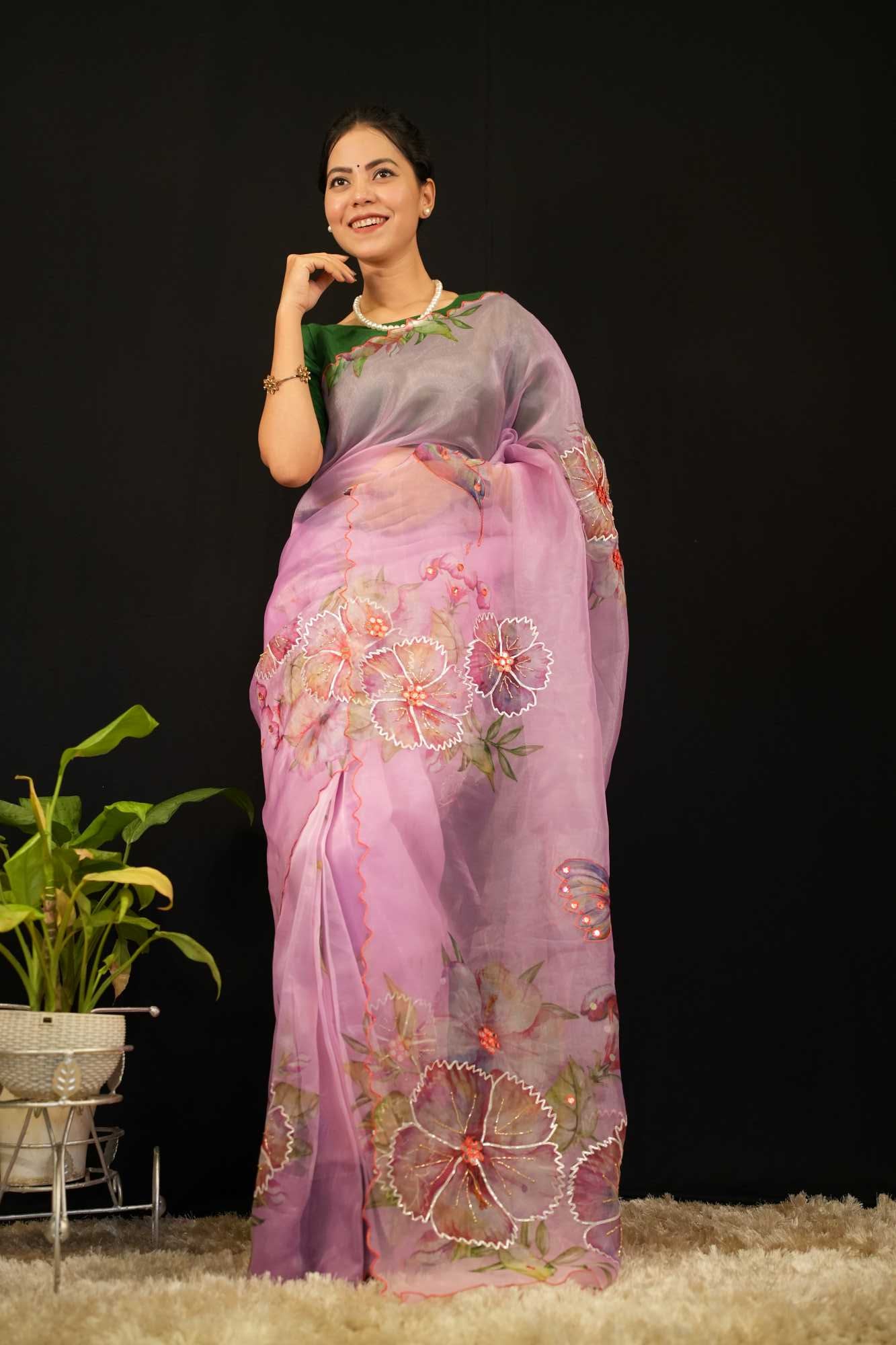 Soft Organza Digital Floral Print With Khatli & Gota Hand work & Aarco Thread emboidered Bordered  Pre Drape Saree