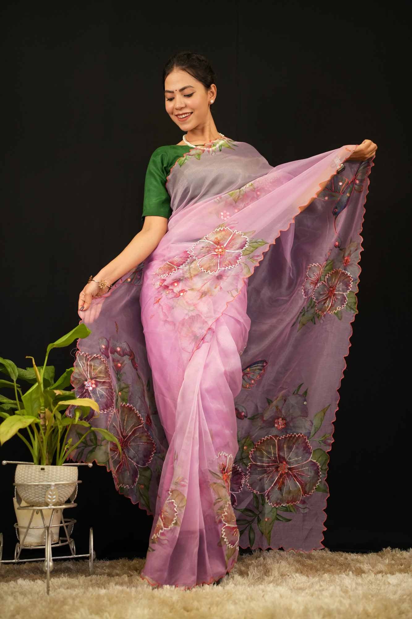 Soft Organza Digital Floral Print With Khatli & Gota Hand work & Aarco Thread emboidered Bordered  Pre Drape Saree