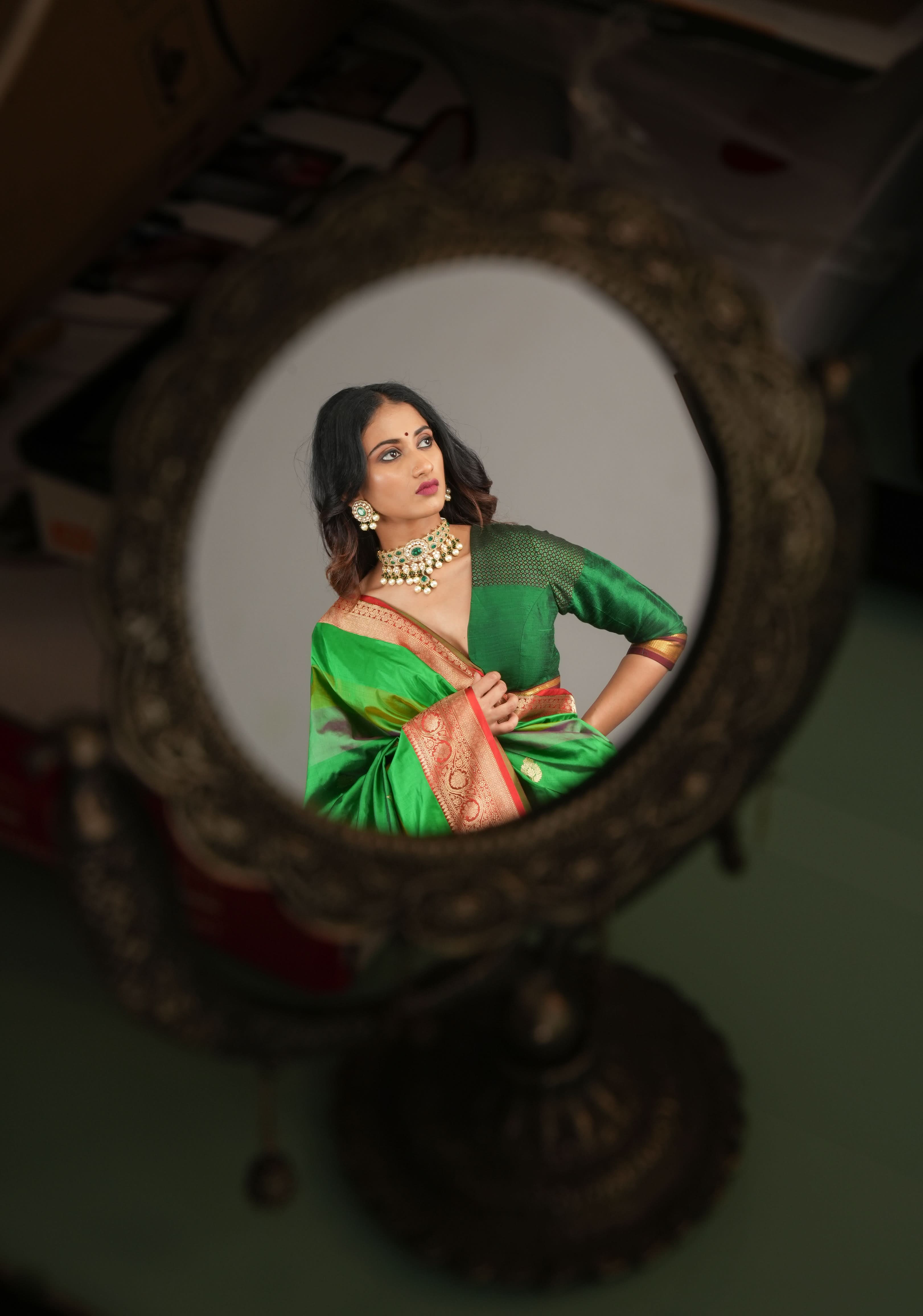 Emerald Green Pure Raw Silk Blouse with Plunge Neck and Khun detailing, Customizable, made to order | Shobitam