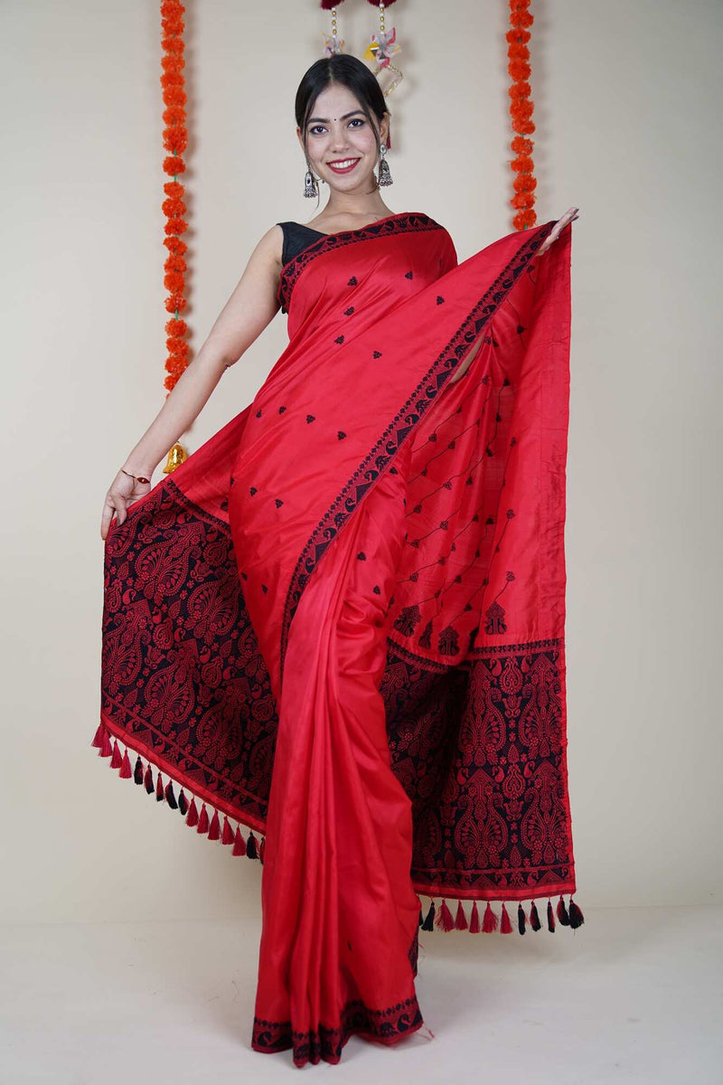 Pure Assam Muga Silk (Certified) with hand embroidery stitch all over wrap in 1 minute saree - Isadora Life Online Shopping Store