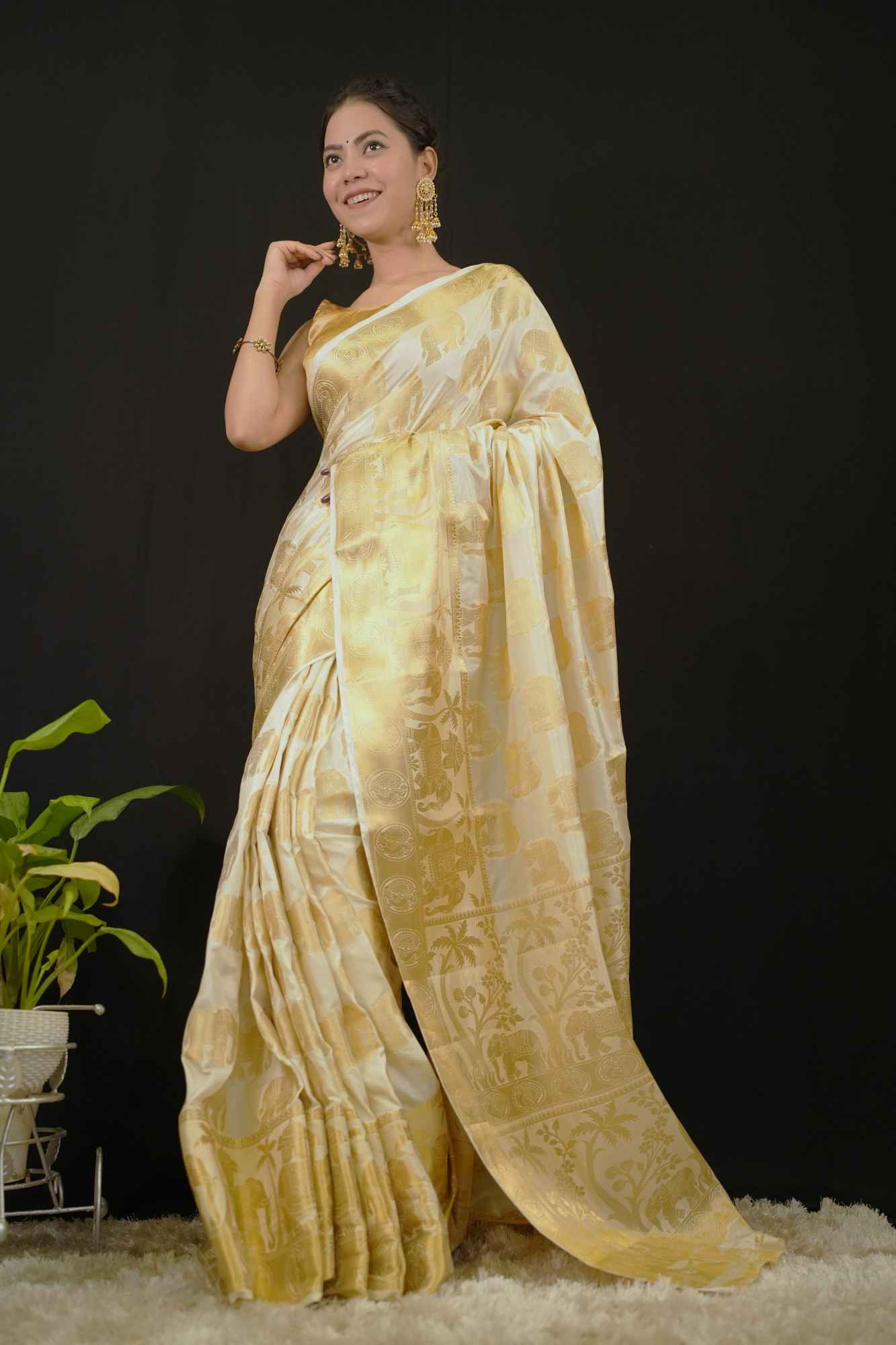 Beautiful Golden kanjivaram With Overall Motif Woven Predraped stitched saree