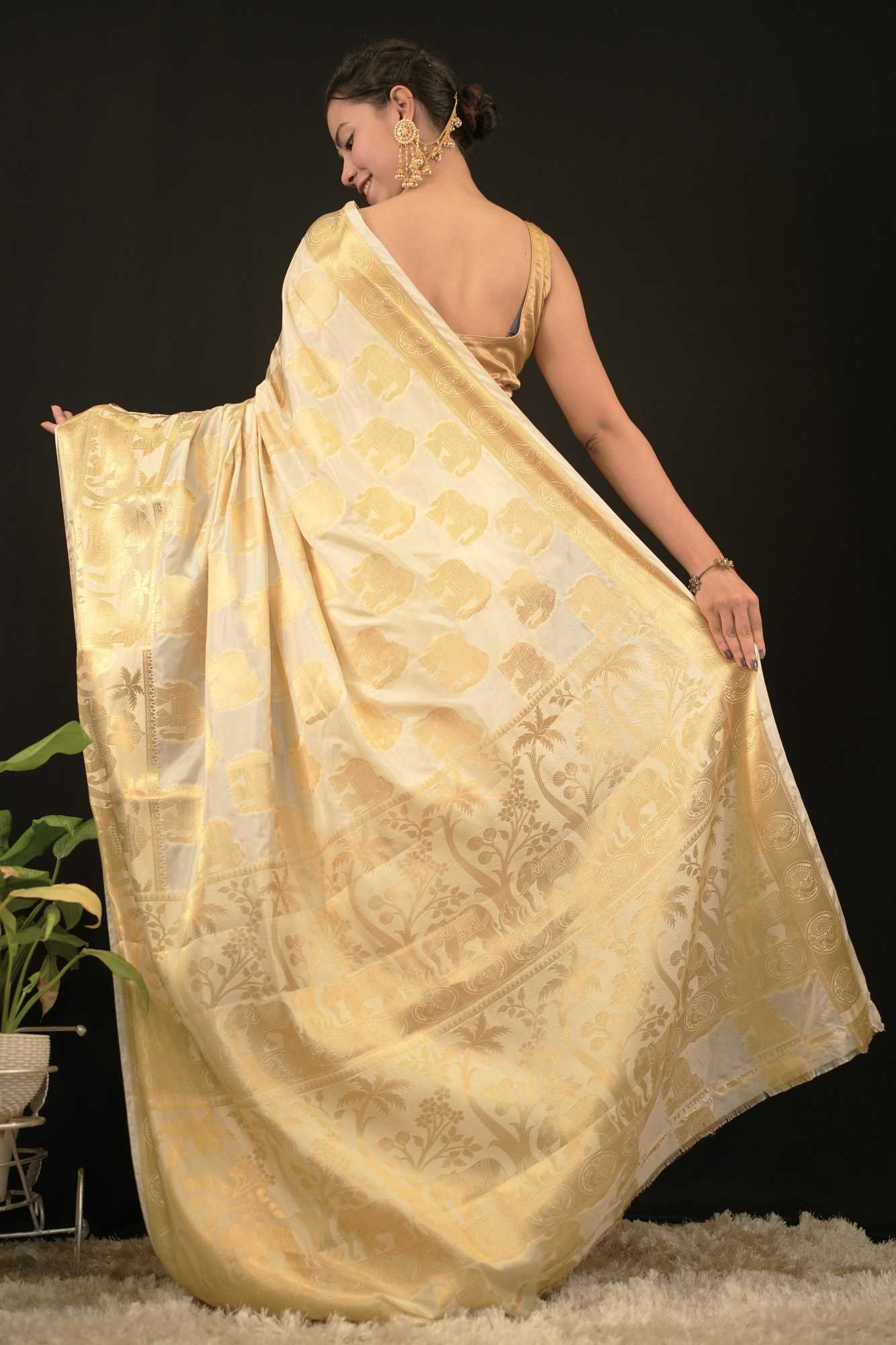 Beautiful Golden kanjivaram With Overall Motif Woven Predraped stitched saree