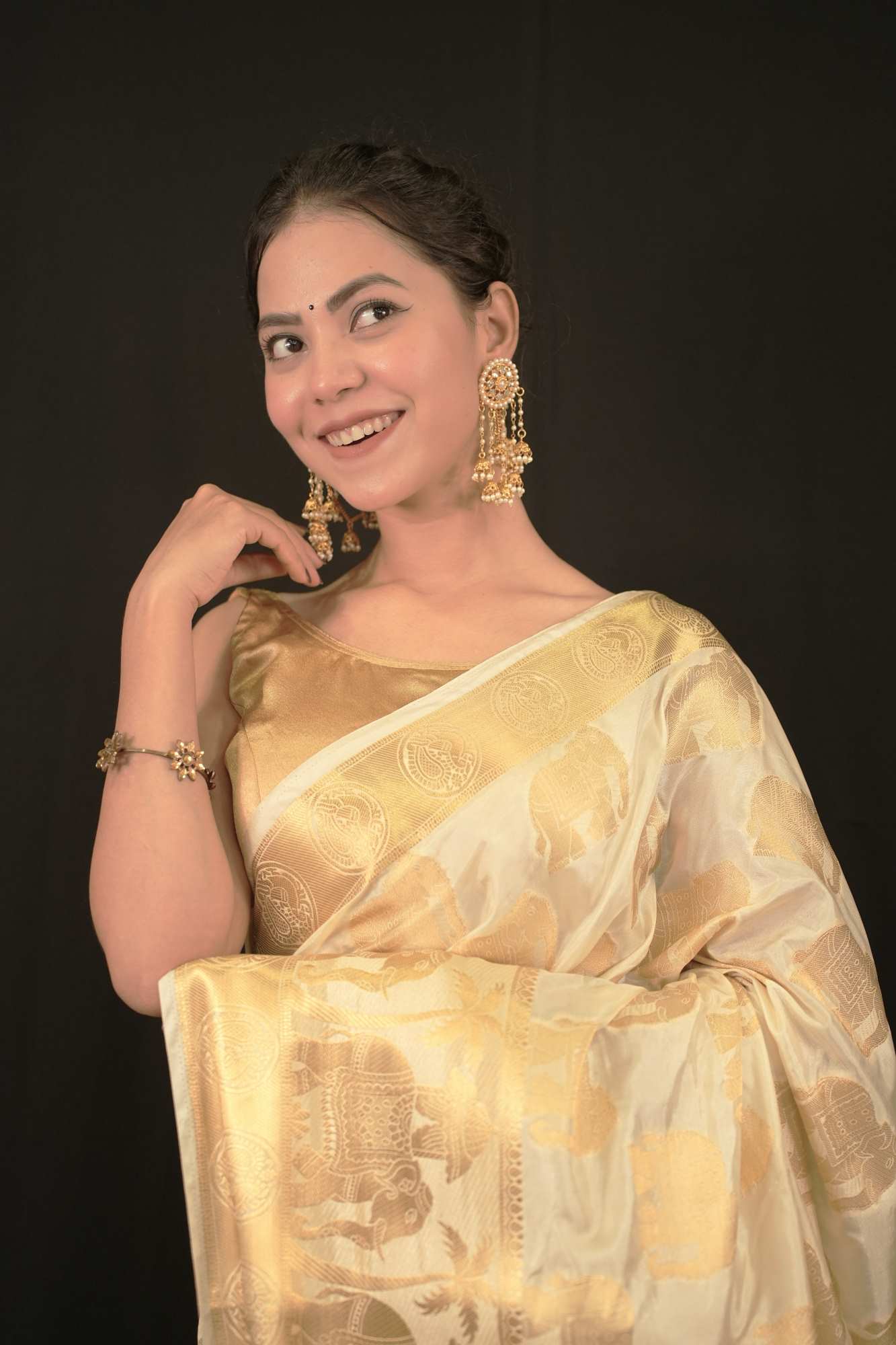 Beautiful Golden kanjivaram With Overall Motif Woven Predraped stitched saree