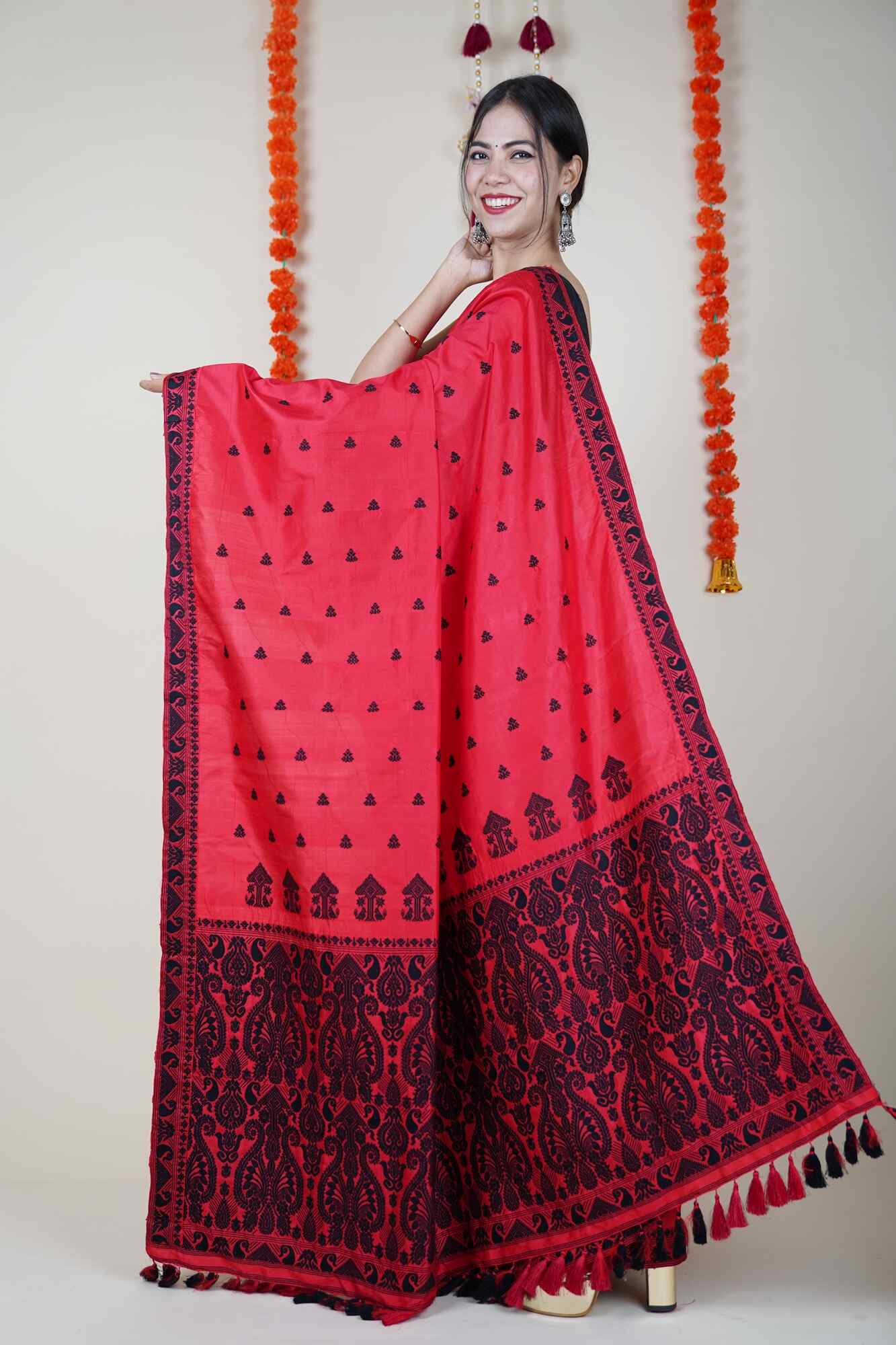 Pure Assam Muga Silk (Certified) with hand embroidery stitch all over wrap in 1 minute saree - Isadora Life Online Shopping Store