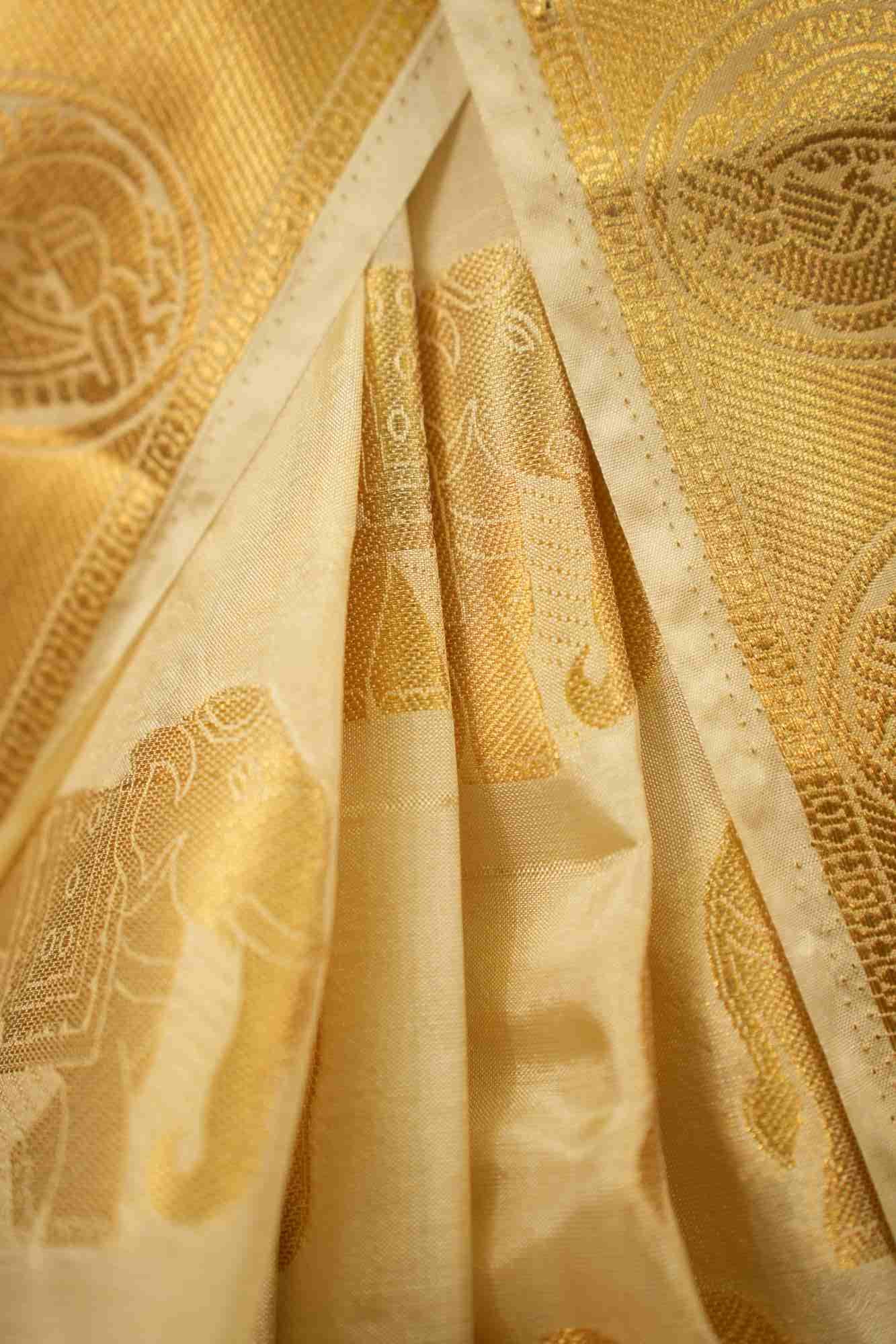 Beautiful Golden kanjivaram With Overall Motif Woven Predraped stitched saree