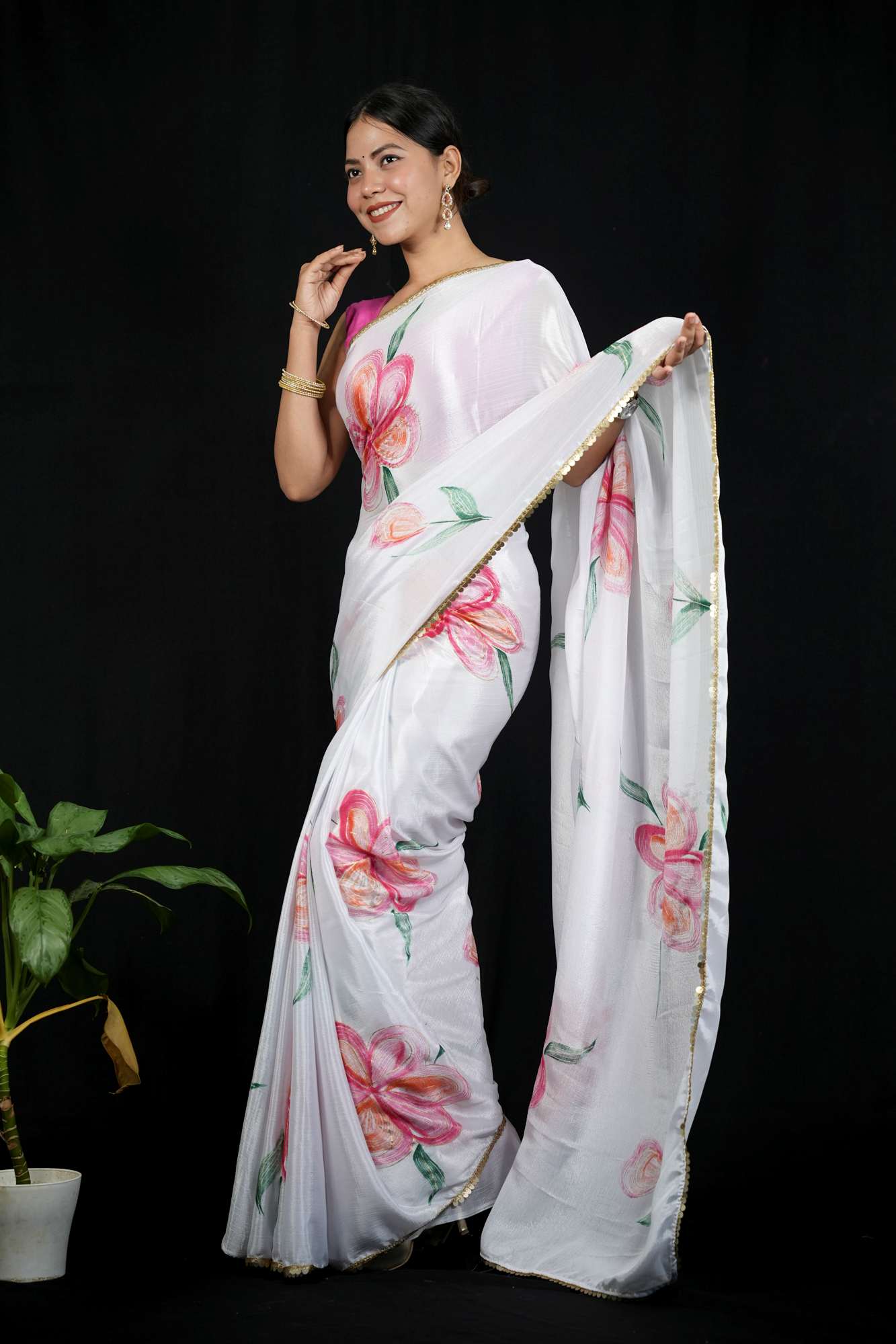White Chiffon Floral with Golden Sequin Border Ready To Wear Saree