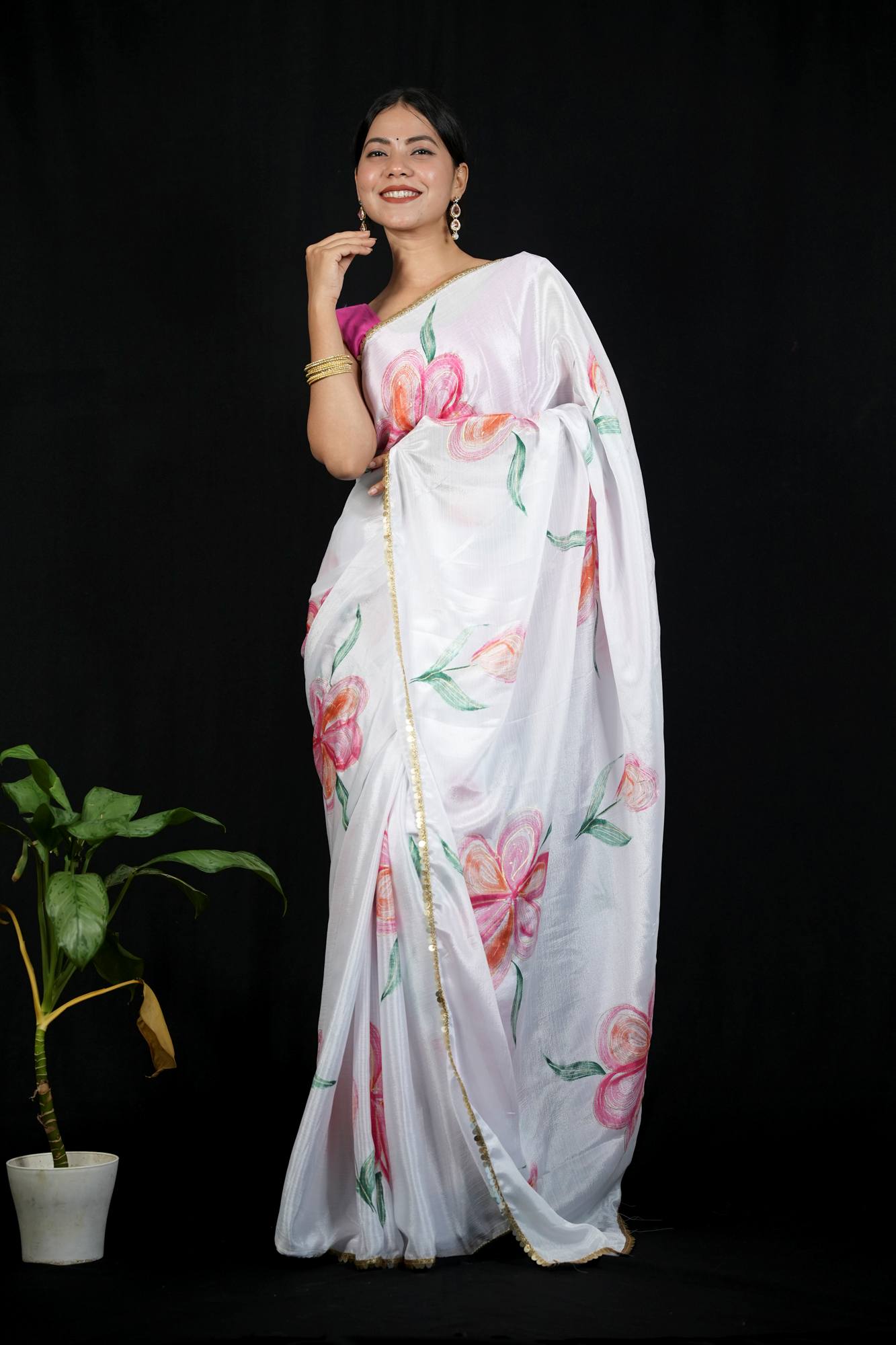 White Chiffon Floral with Golden Sequin Border Ready To Wear Saree