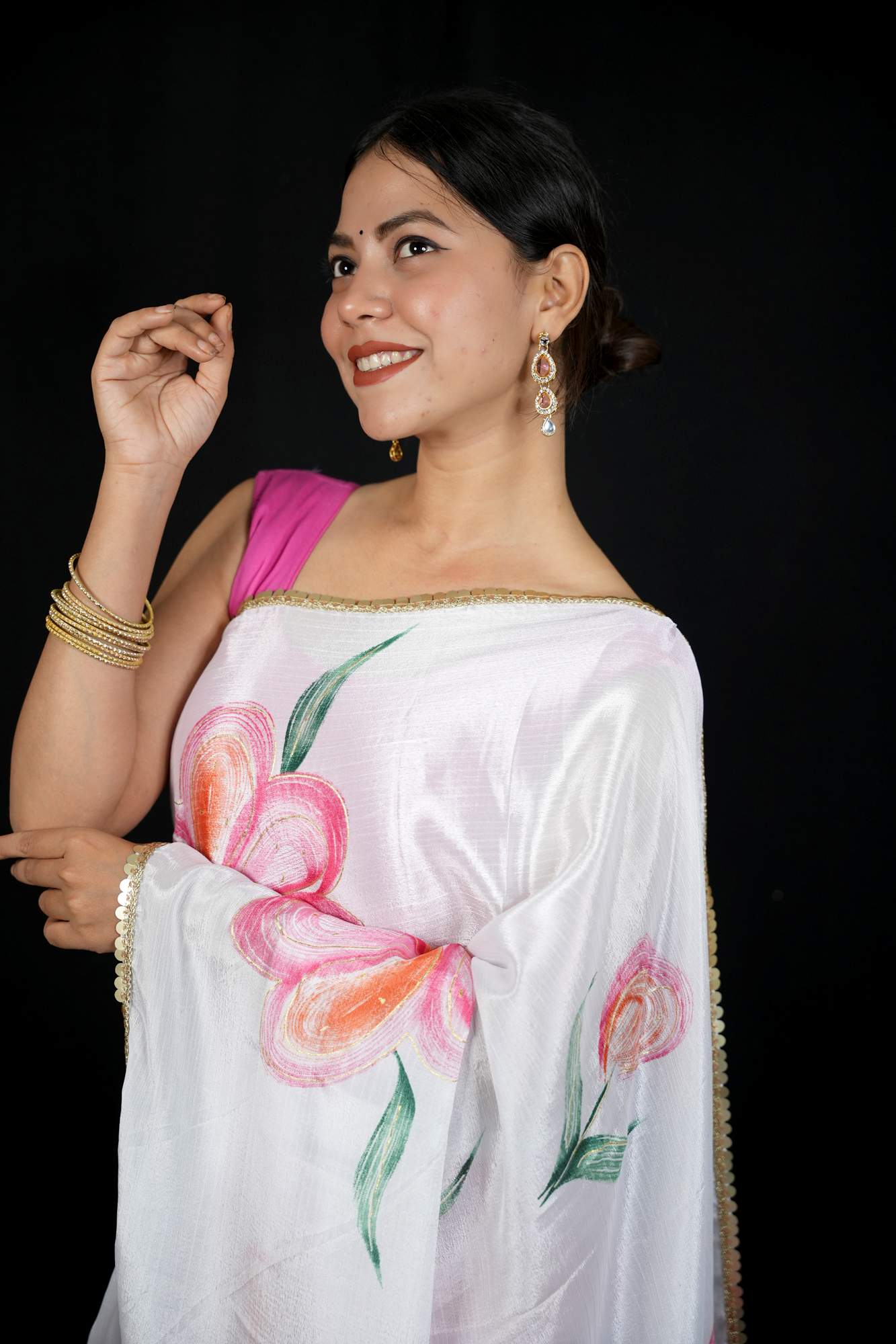 White Chiffon Floral with Golden Sequin Border Ready To Wear Saree