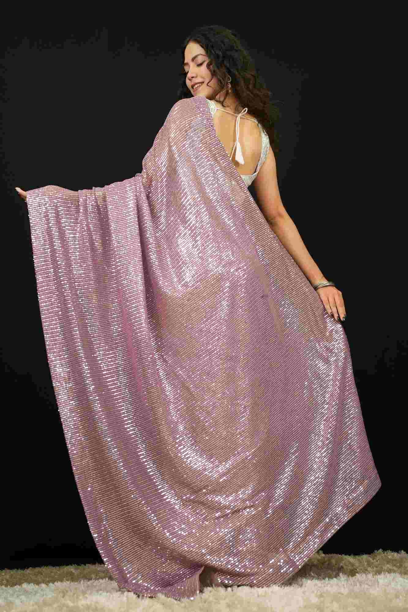 Stylish Mauve Sequin Embellished On Net Pre Draped Saree