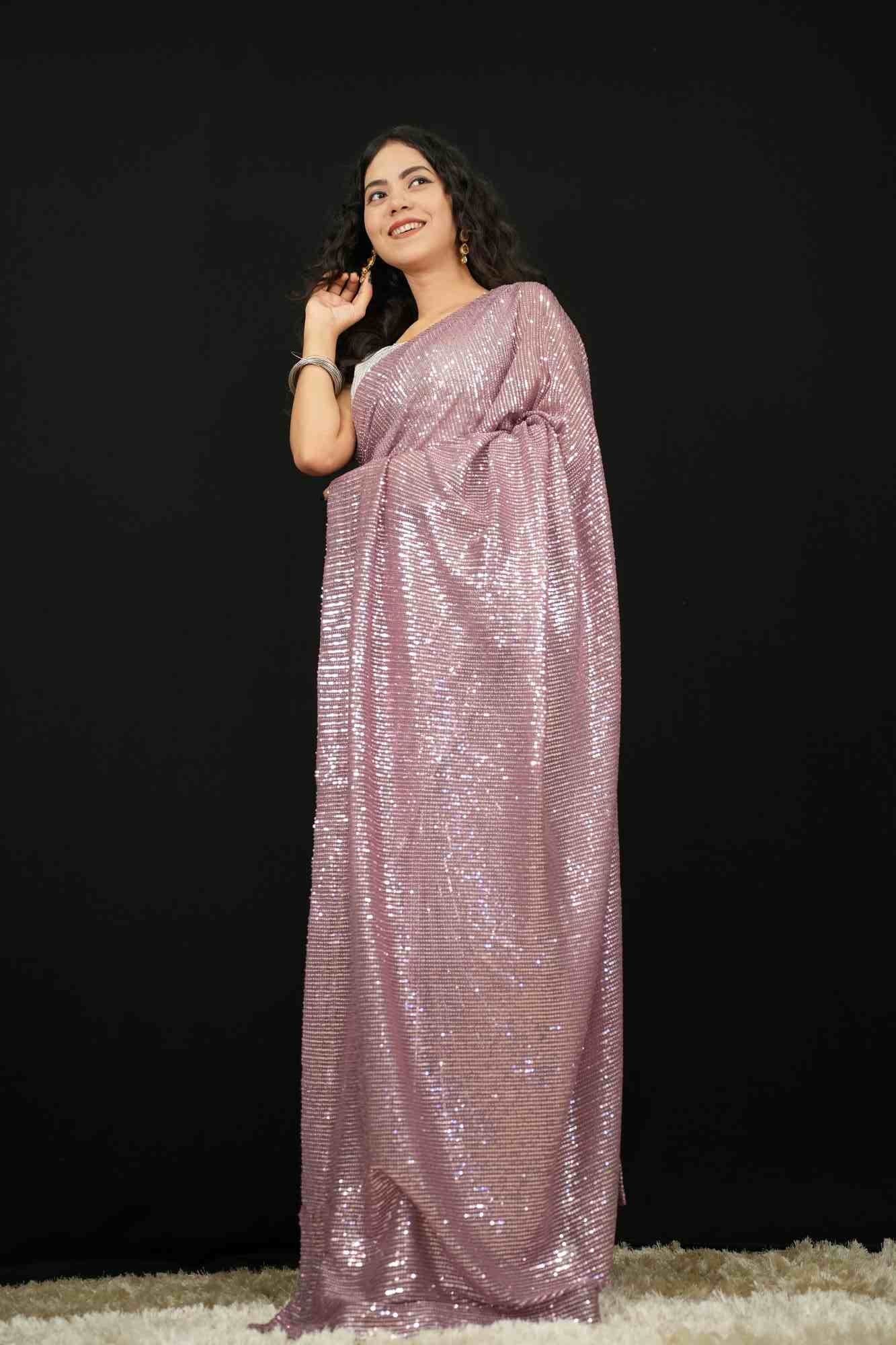 Stylish Mauve Sequin Embellished On Net Pre Draped Saree