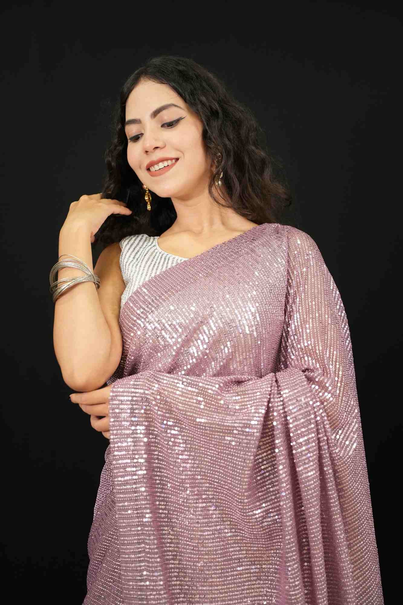 Stylish Mauve Sequin Embellished On Net Pre Draped Saree