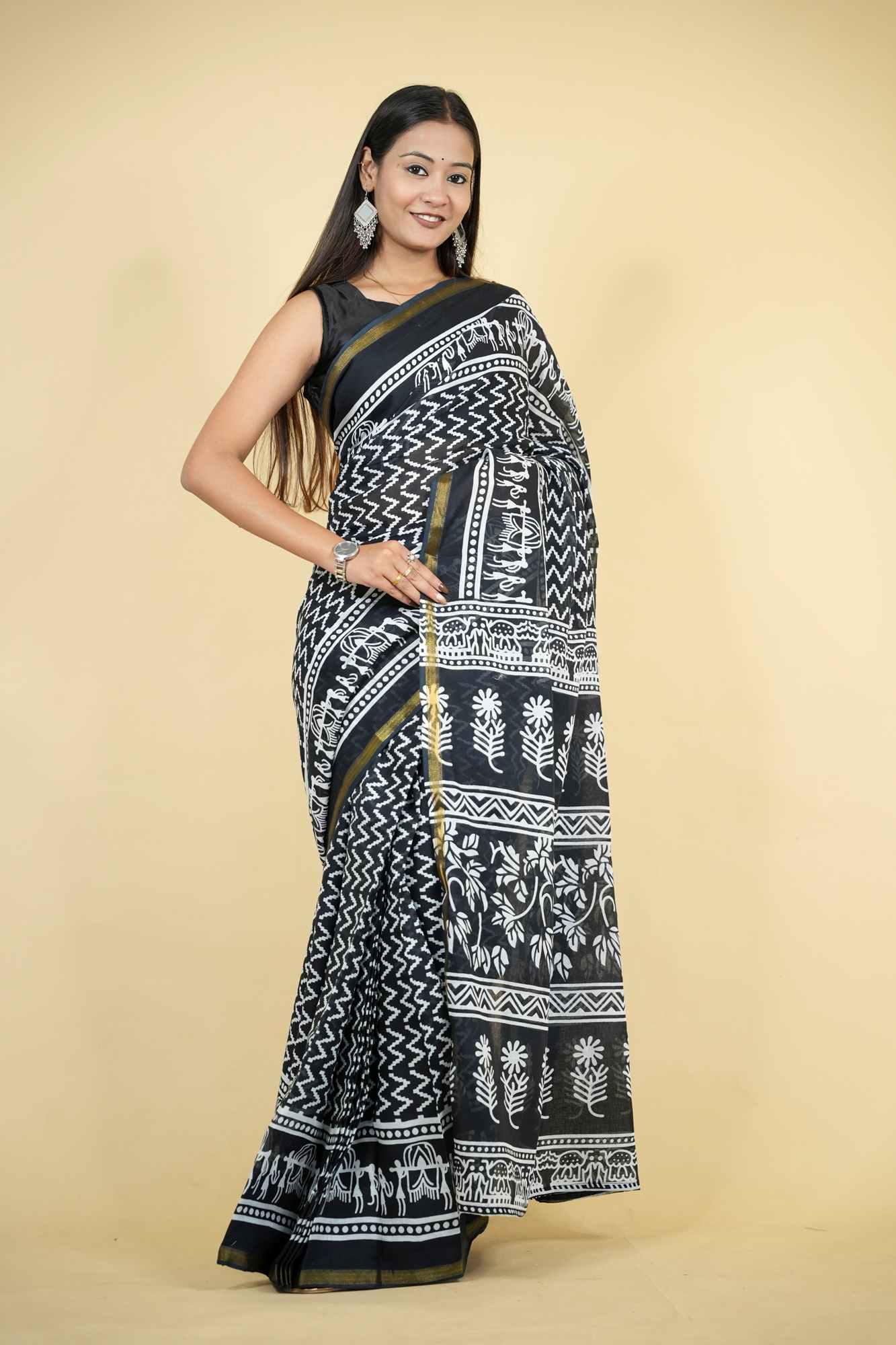 Cotton Bagru Printed with Golden Border Ready To Wear Saree