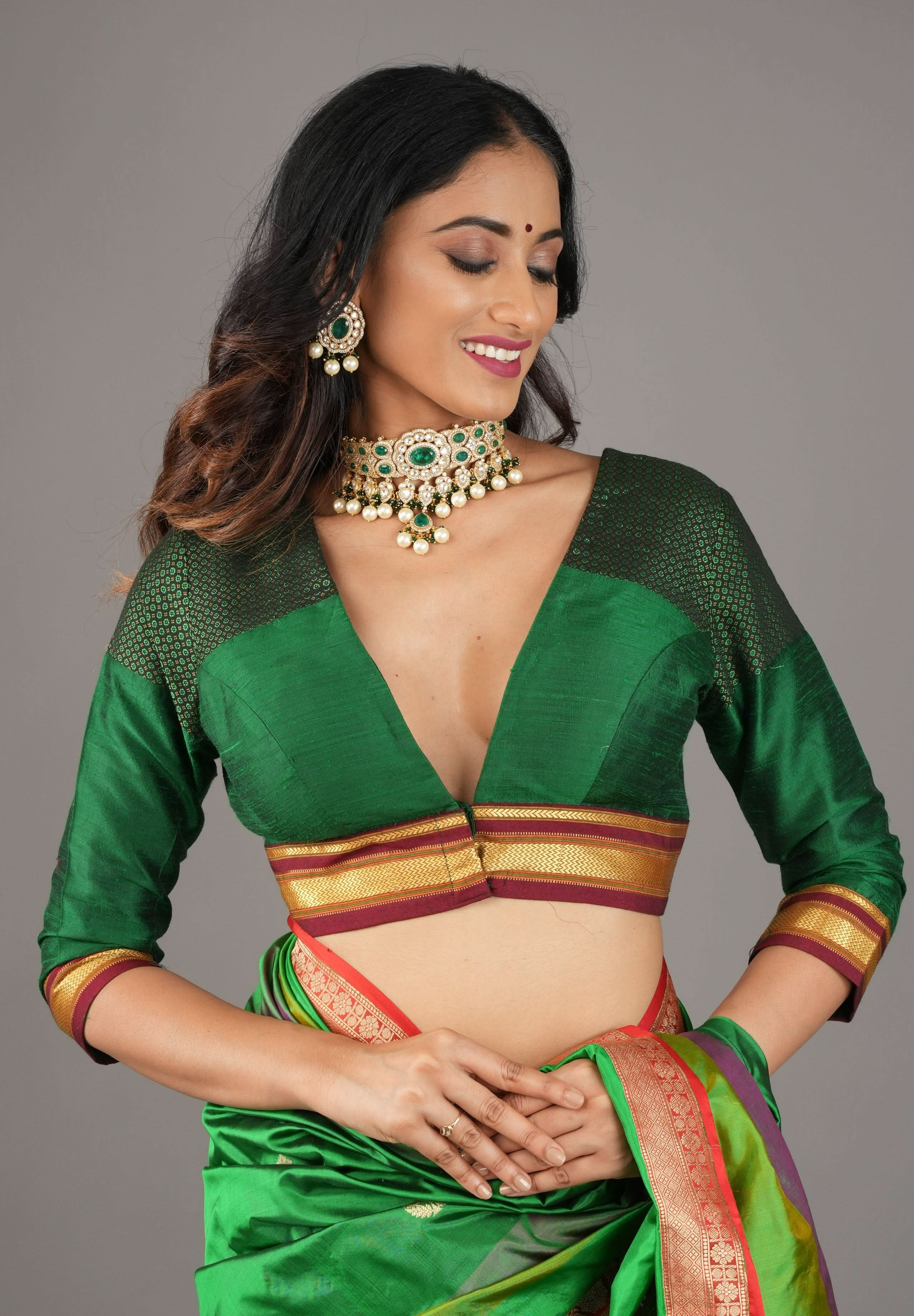Emerald Green Pure Raw Silk Blouse with Plunge Neck and Khun detailing, Customizable, made to order | Shobitam
