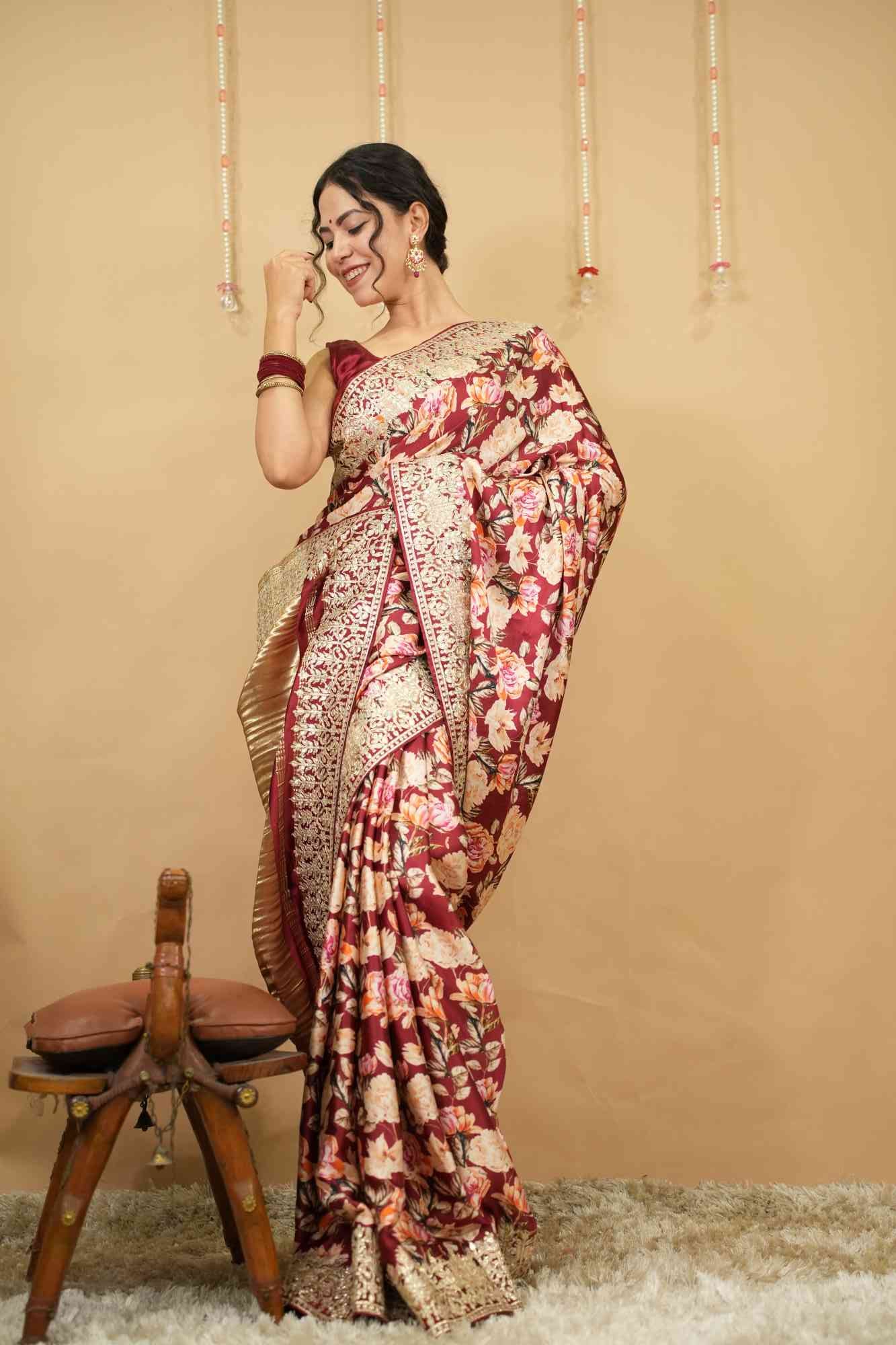 Exquisite Gajji Silk With Floral Print & Gota Patti Embroidered Border Wrap In One Minute Saree