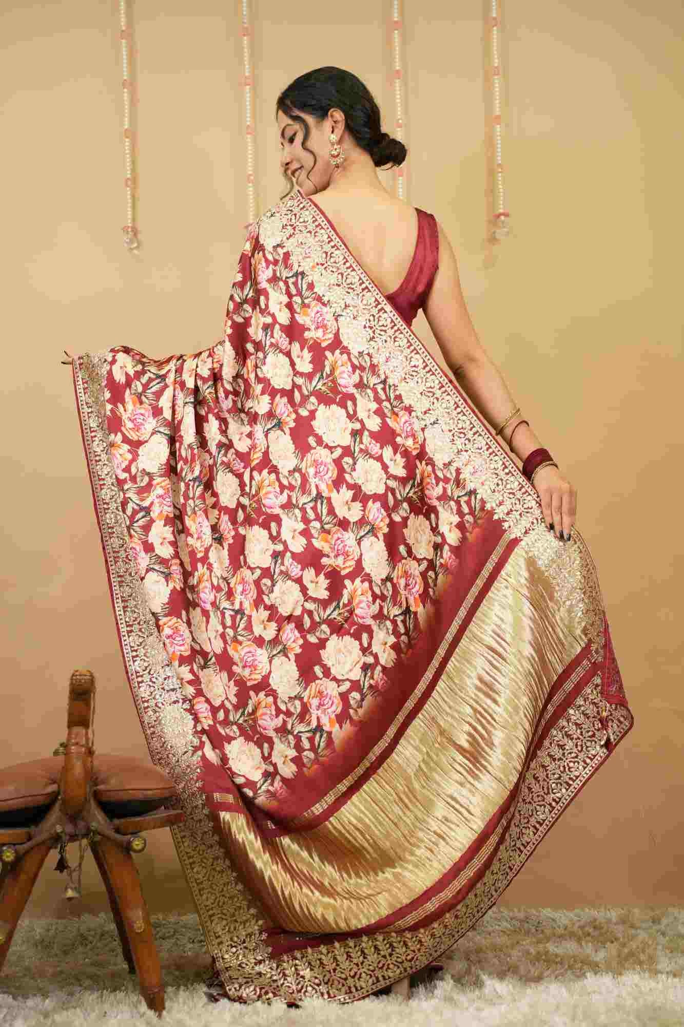 Exquisite Gajji Silk With Floral Print & Gota Patti Embroidered Border Wrap In One Minute Saree