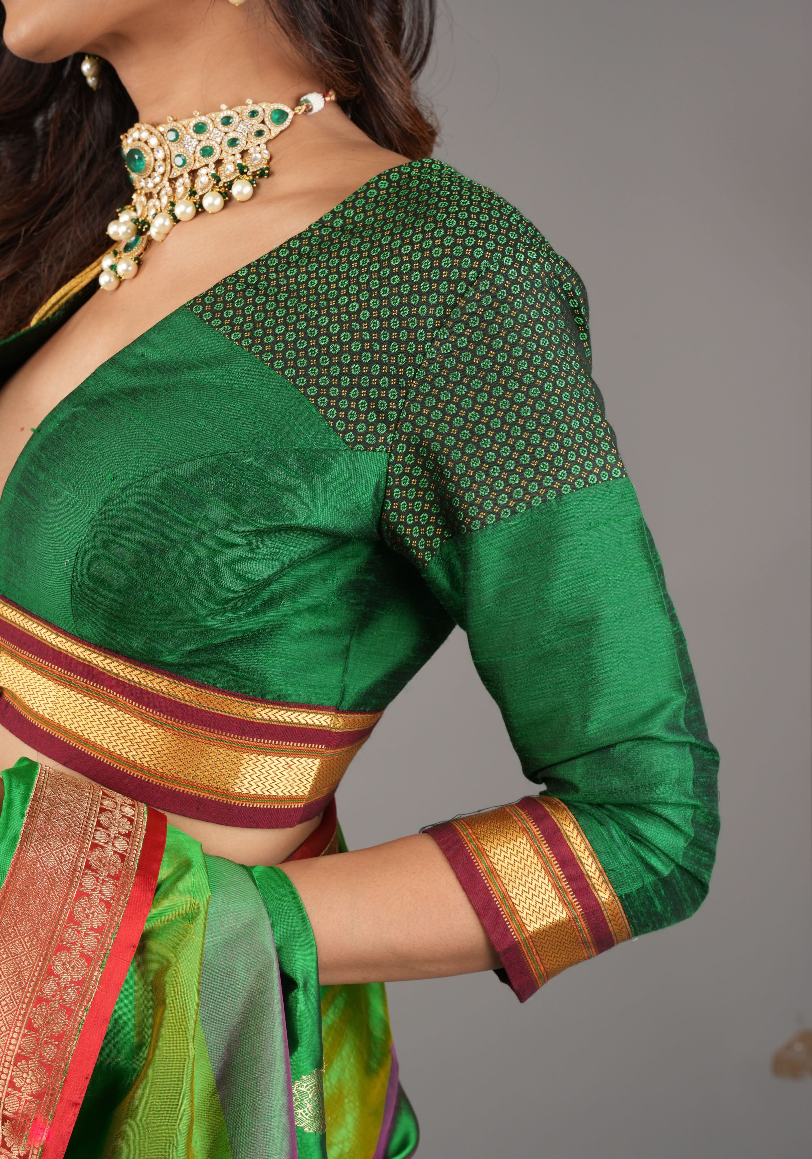 Emerald Green Pure Raw Silk Blouse with Plunge Neck and Khun detailing, Customizable, made to order | Shobitam