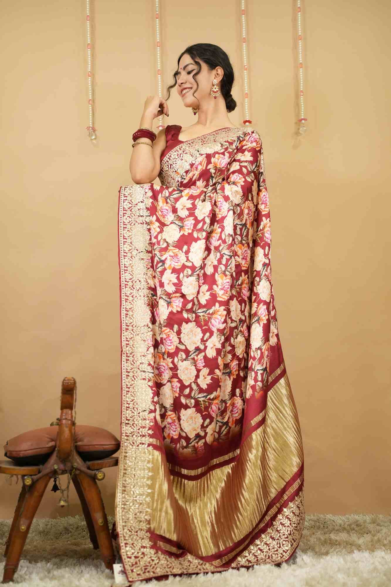 Exquisite Gajji Silk With Floral Print & Gota Patti Embroidered Border Wrap In One Minute Saree