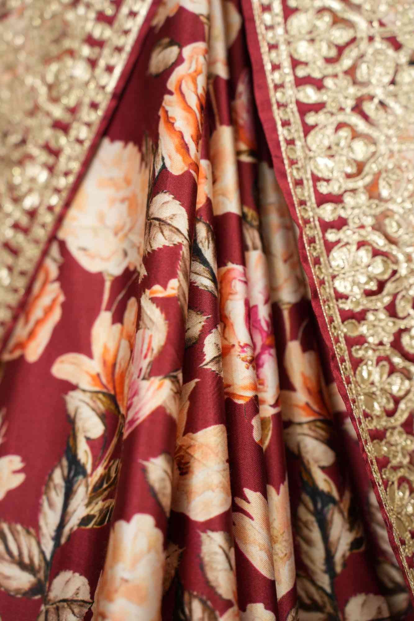 Exquisite Gajji Silk With Floral Print & Gota Patti Embroidered Border Wrap In One Minute Saree