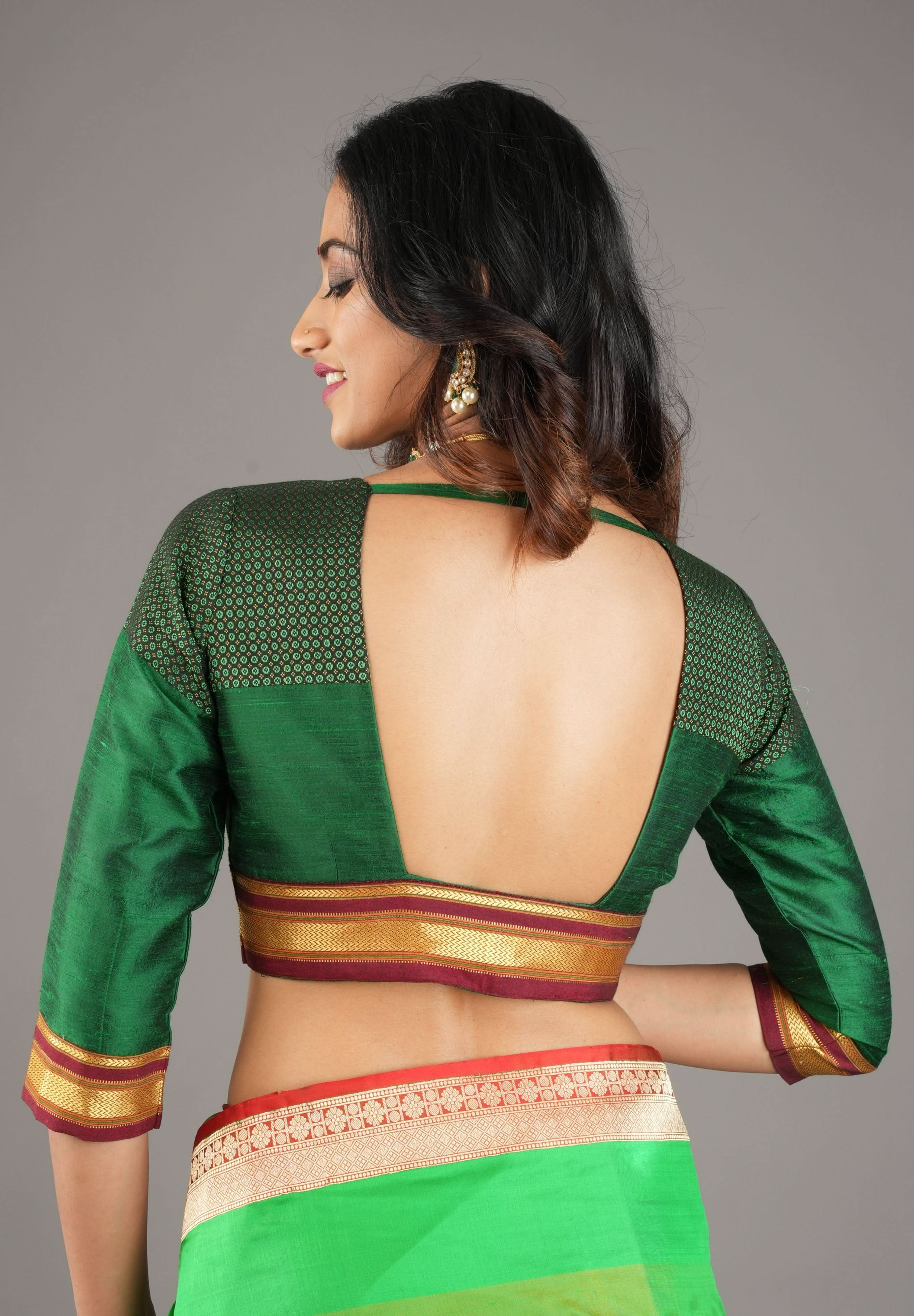 Emerald Green Pure Raw Silk Blouse with Plunge Neck and Khun detailing, Customizable, made to order | Shobitam