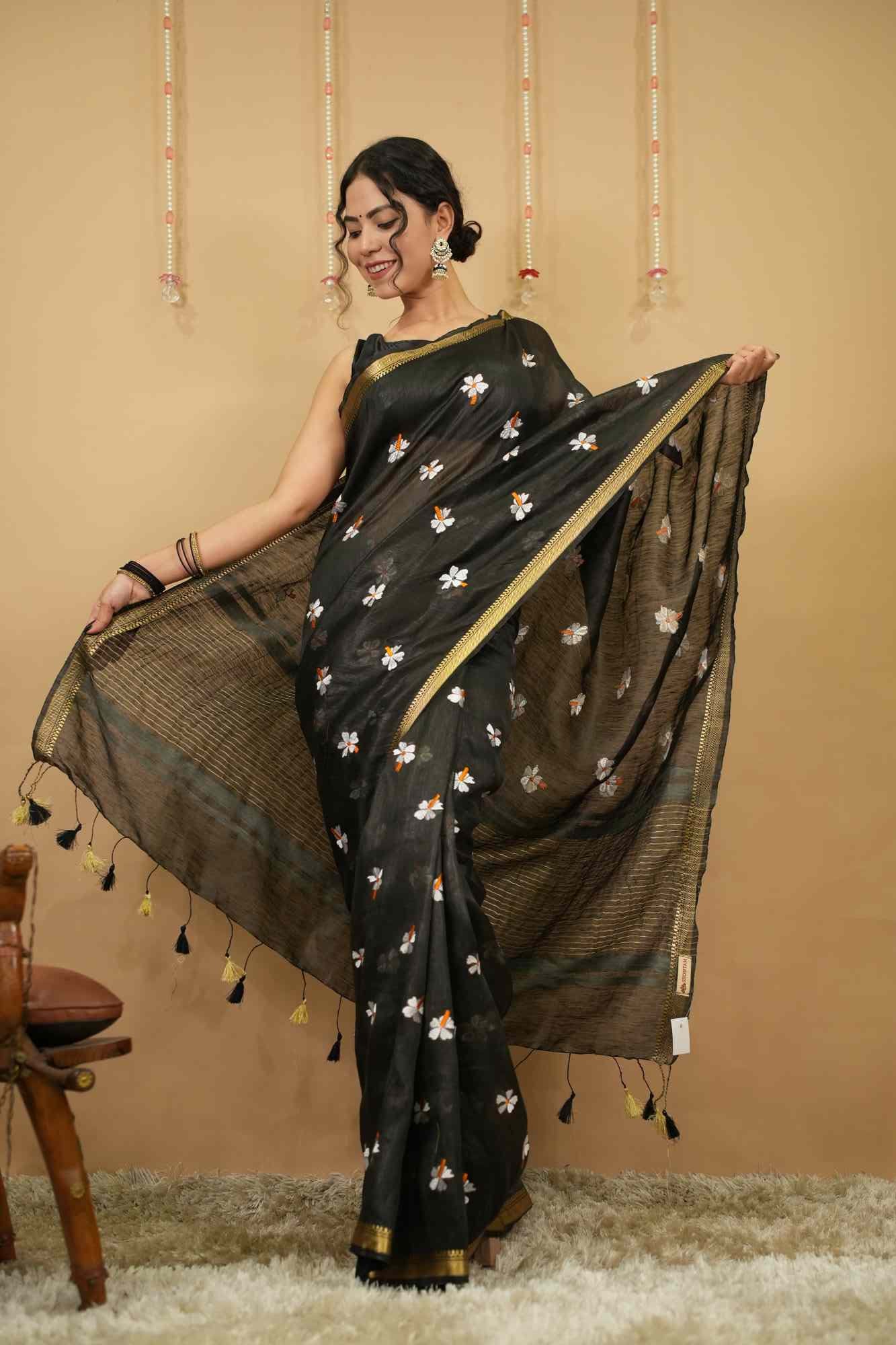 Beautiful Parijaat Floral Embroidery With Tassel On Pallu & Bordered Wrap In One Minute Saree