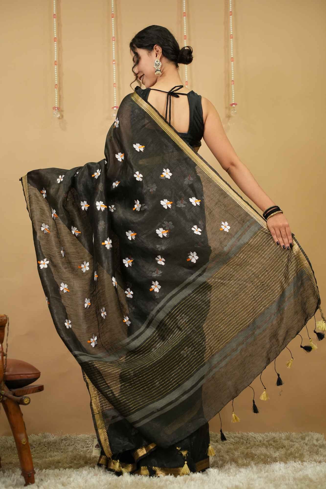 Beautiful Parijaat Floral Embroidery With Tassel On Pallu & Bordered Wrap In One Minute Saree