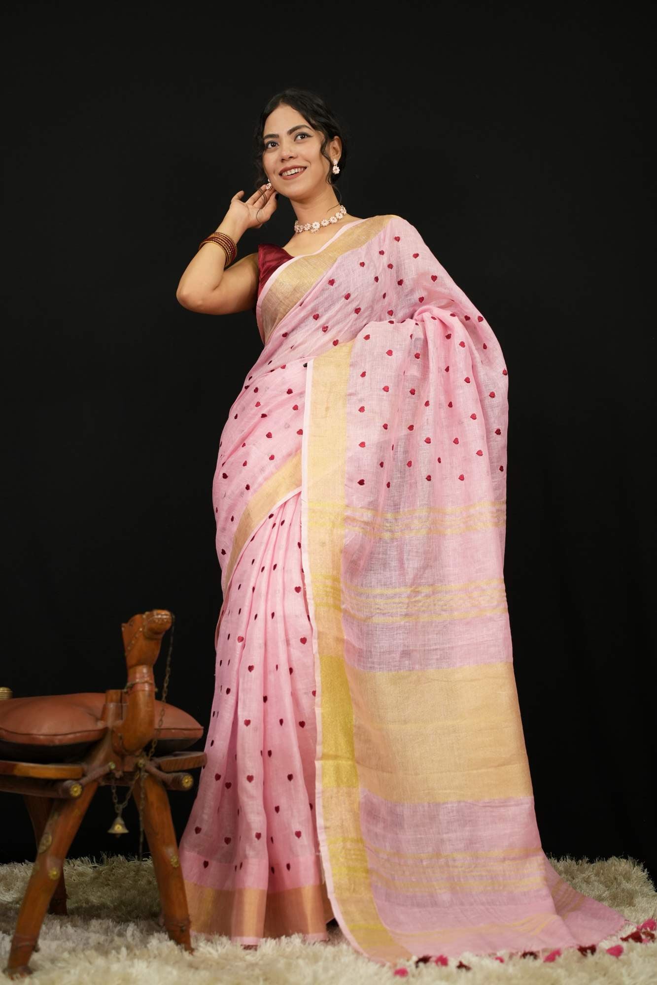 Beautiful  Pink Linen Heart Embroidered & Solid Border With Tassels On Palla Pre Drape Saree