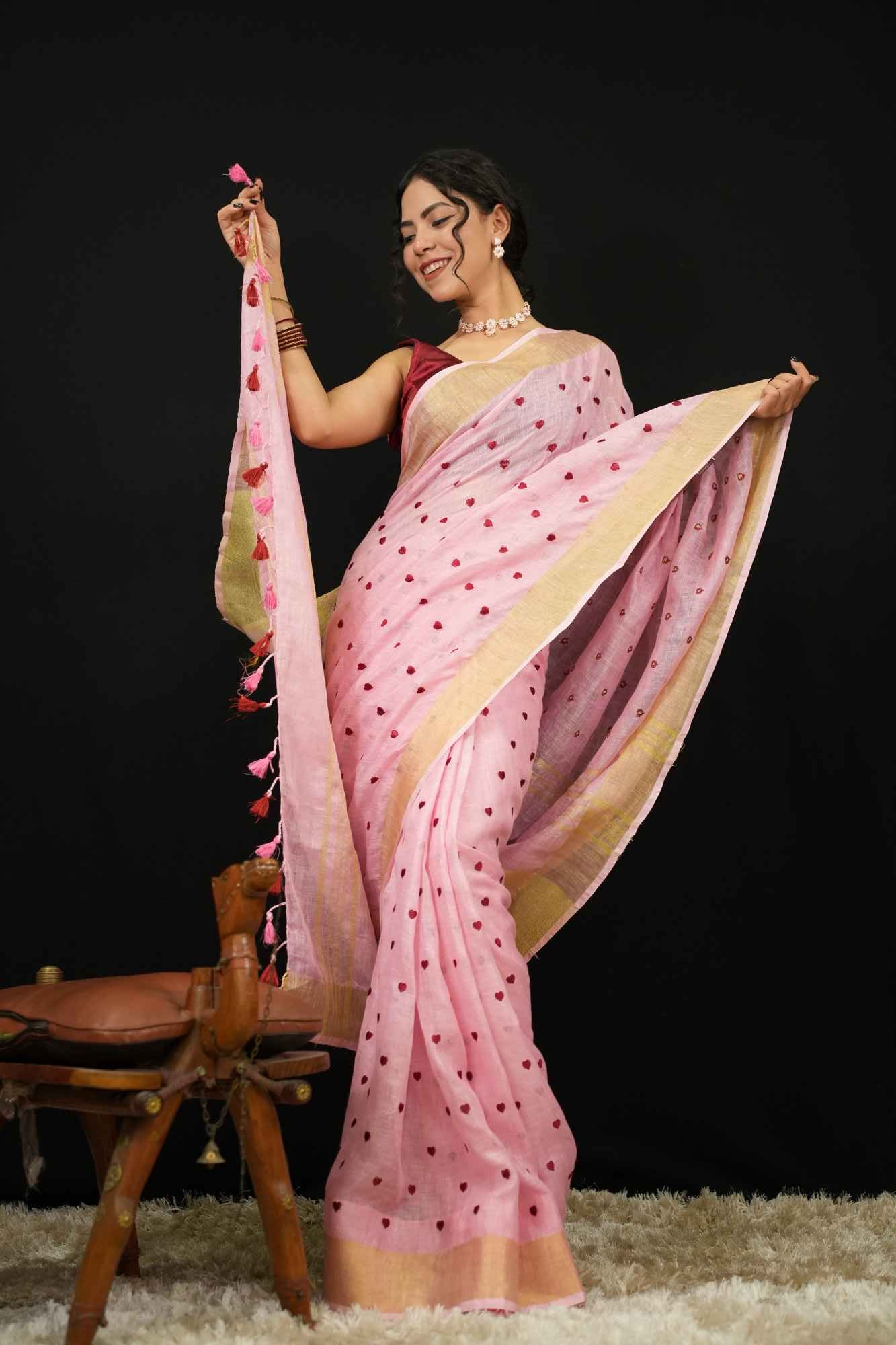 Beautiful  Pink Linen Heart Embroidered & Solid Border With Tassels On Palla Pre Drape Saree