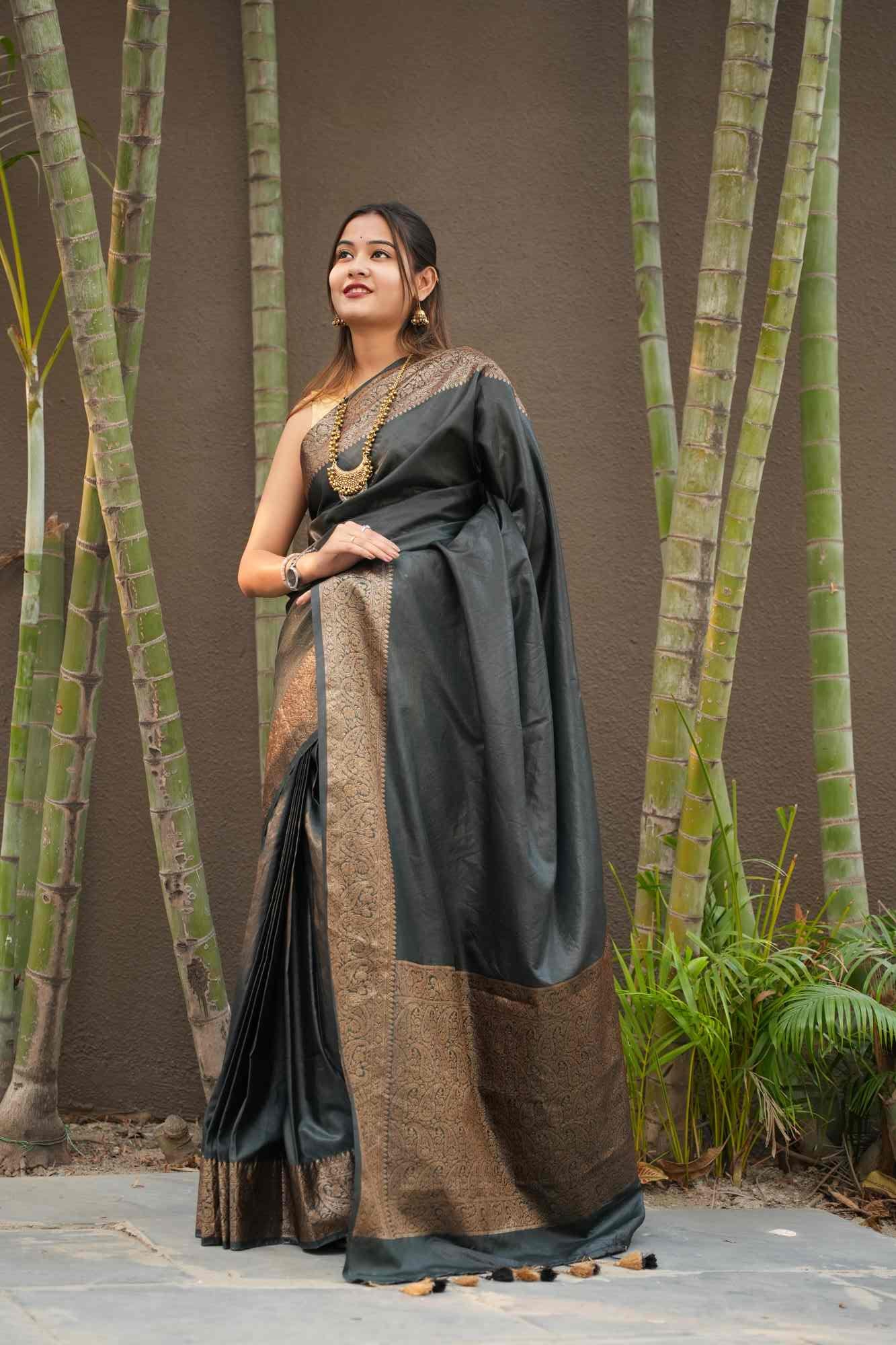 Black Banarasi Kora Silk WIth Zari Weave Border & Ormate Palla Ready To Wear Saree