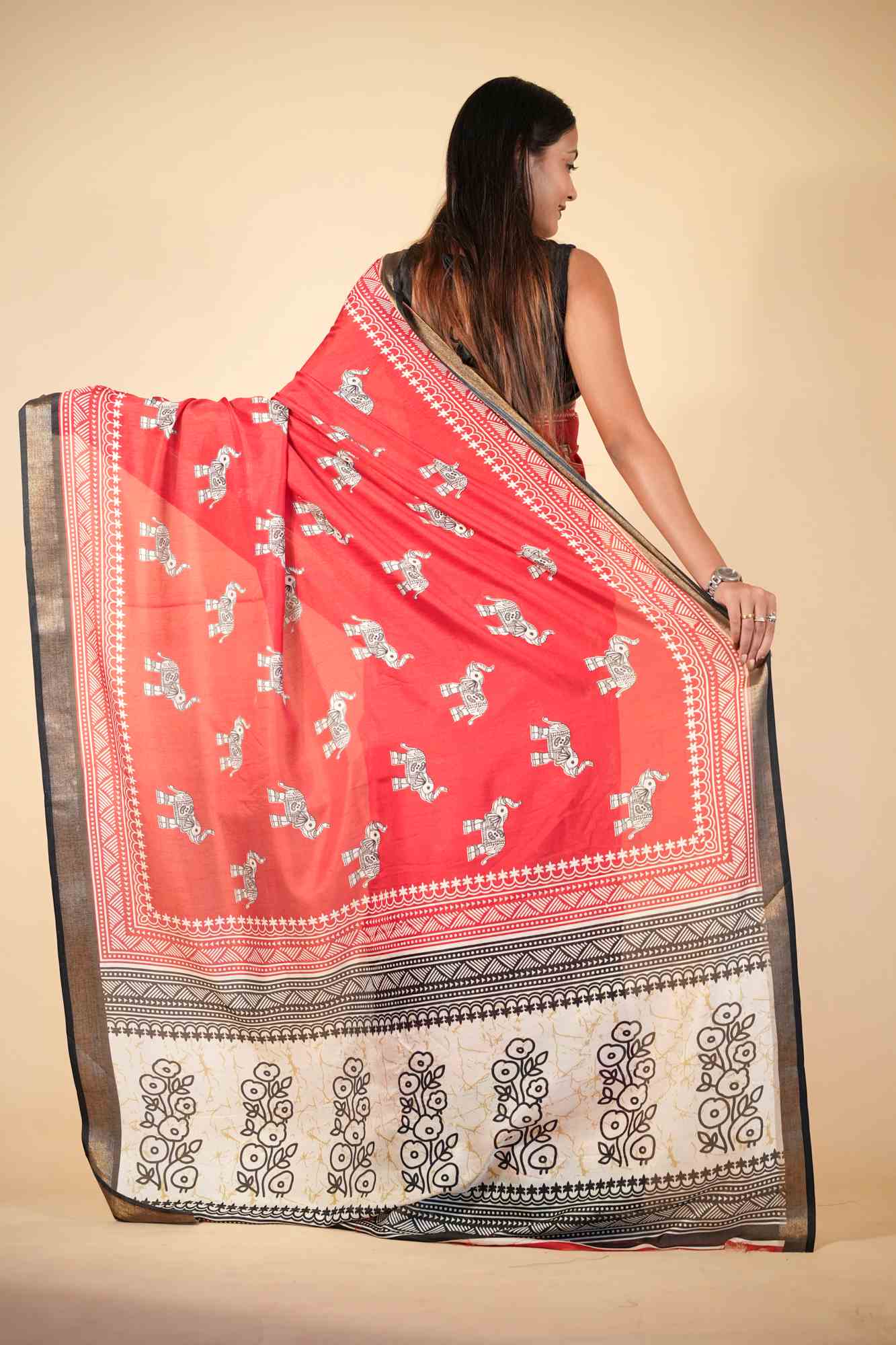 Crepe Cotton with Traditional Elephant & Floral Block Prints Ready To Wear saree
