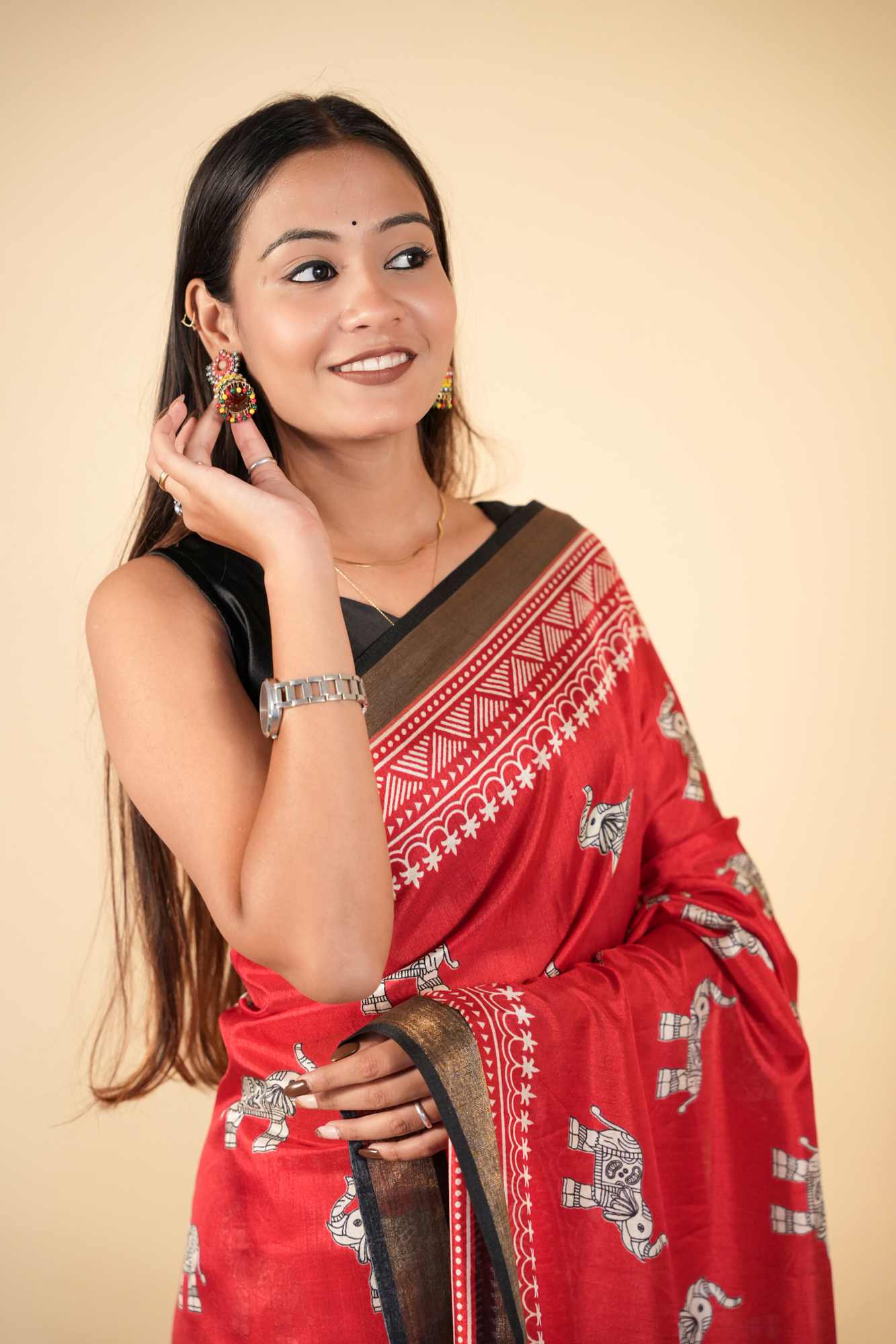 Crepe Cotton with Traditional Elephant & Floral Block Prints Ready To Wear saree